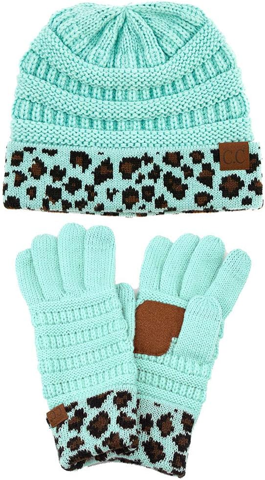 ScarvesMe 2pc Women's Winter Warm Leopard Animal Print Cuffed Beanie with Matching Gloves