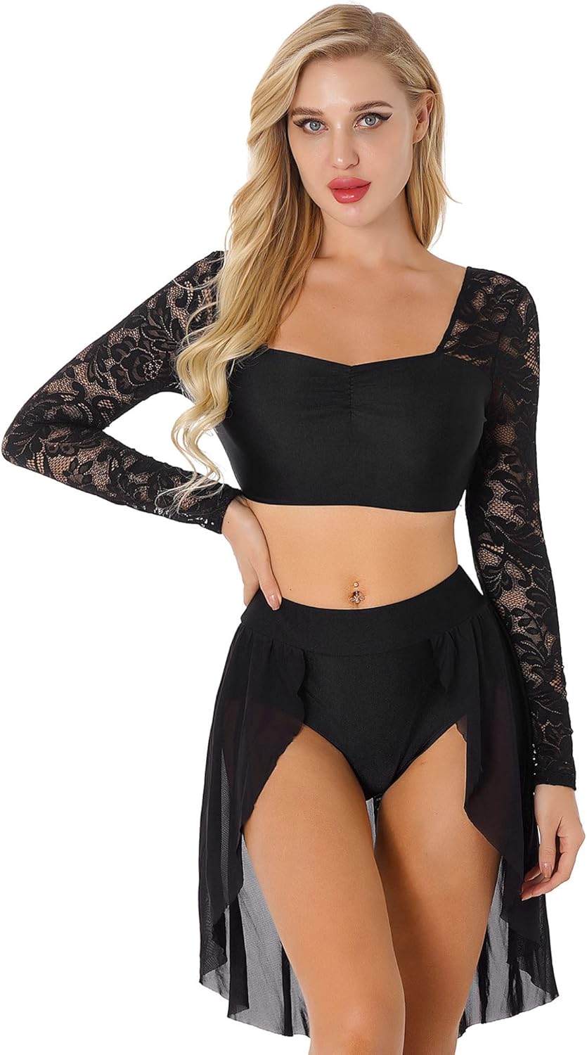 UK Women's Lyrical Dance Outfit Crop Top With Asymmetric Skirt Dancewear Costume - Foto 6