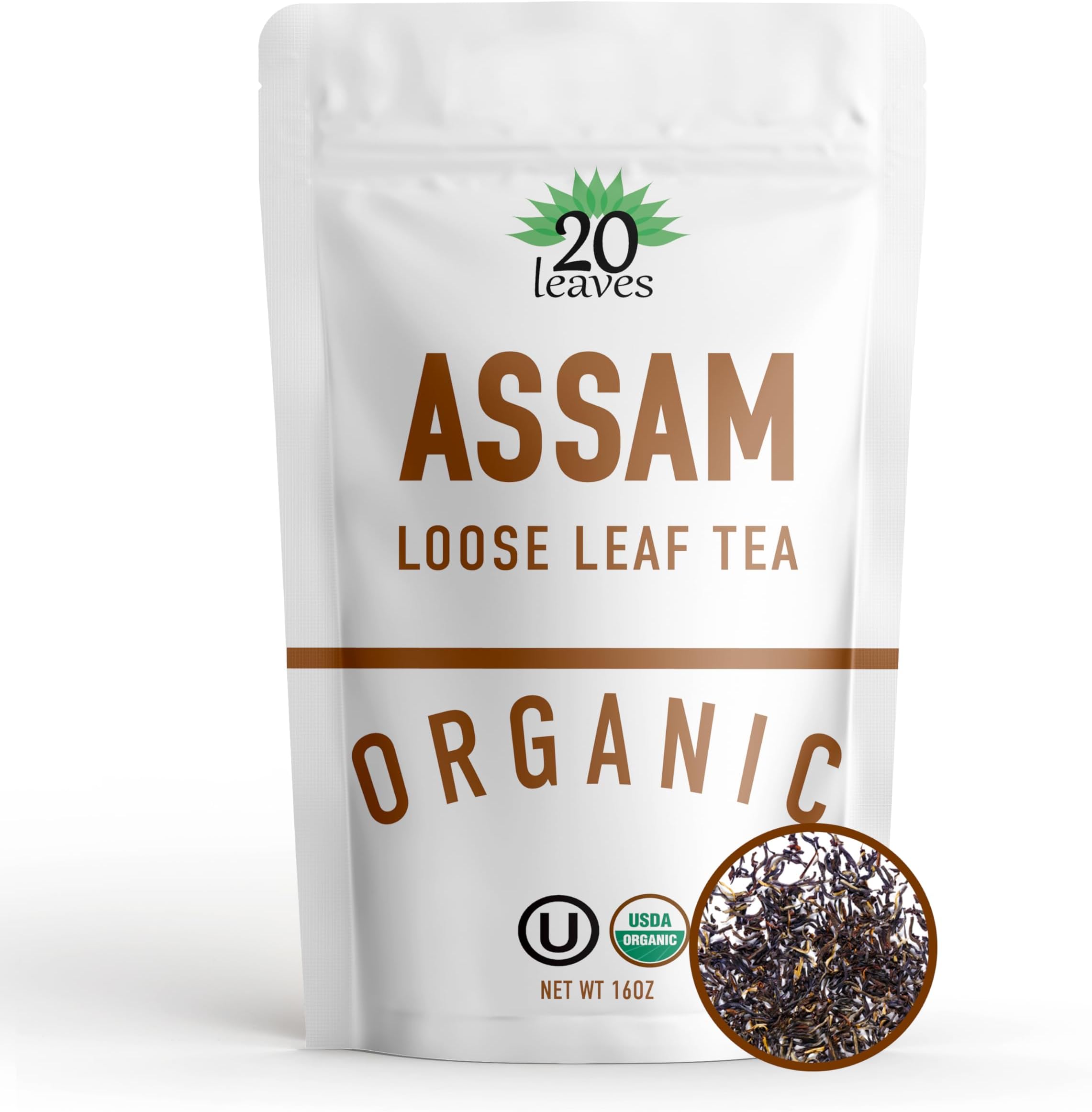 Assam Loose Leaf Black Tea - 100% Certified Organic - 1lb Pouch - 16oz Resealable Kraft Bag - 1 Pack