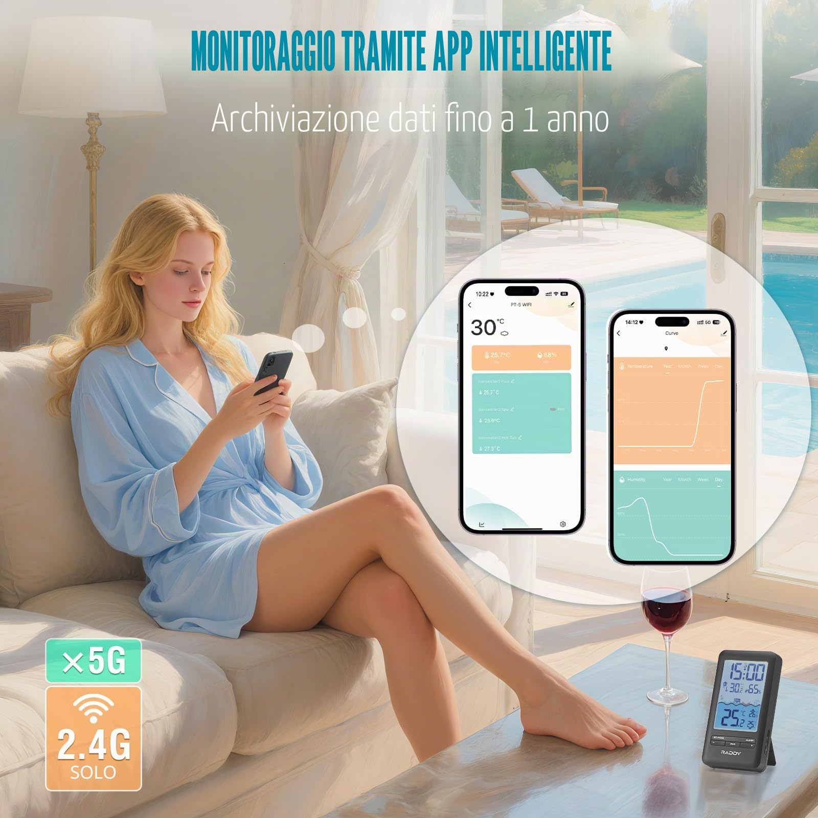 Raddy PT-5 Wi-Fi Termometro per piscina, Console interna, APP monitoraggio remoto tramite, IPX8, ricaricabile tramite energia solare e USB-C, per piscina, vasca idromassaggio, Stagno