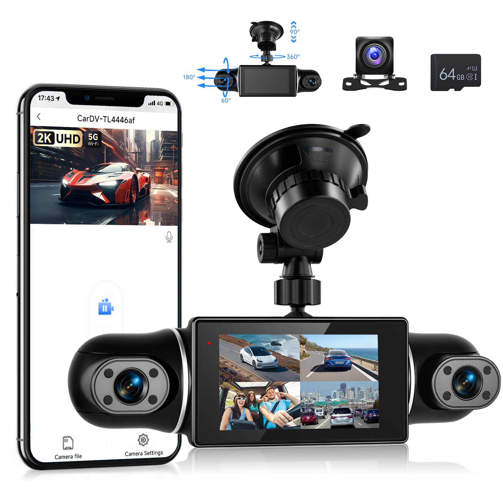 VECHTEL 2K Wi-FI Dashcam Auto avec Écran IPS de 3 Pouces Dash Cam Auto avec Vision Nocturne, SD 64GB Inclus, G-Sensor, 24H Mode Parking, Enregistrement en Boucle, Assistant de Recul