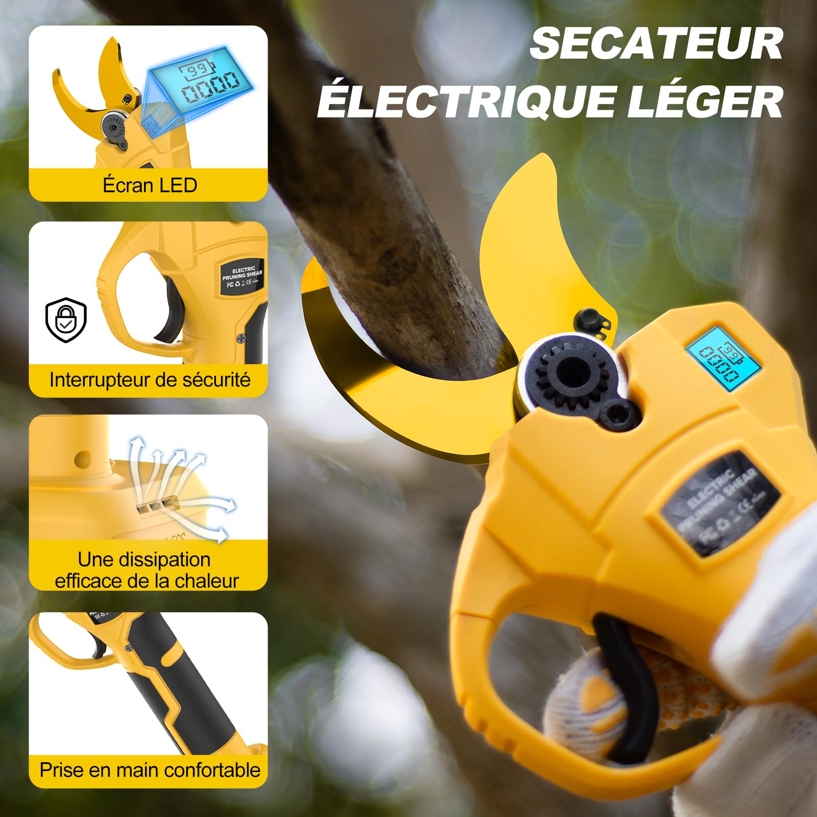 Secateur Electrique sans Fil 50mm, Secateur Electrique Batterie 2 * 2000 mAh, Sécateur électrique avec Écran avec pour la taille, les arbres fruitiers, le jardinage et le vignoble