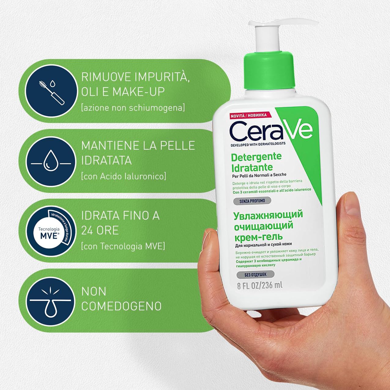 CeraVe Kit Skincare Viso, Detergente Idratante, Per Pelli da Normali a Secche, Con Acido Ialuronico, 236 ml + SPF 30, 52 ml