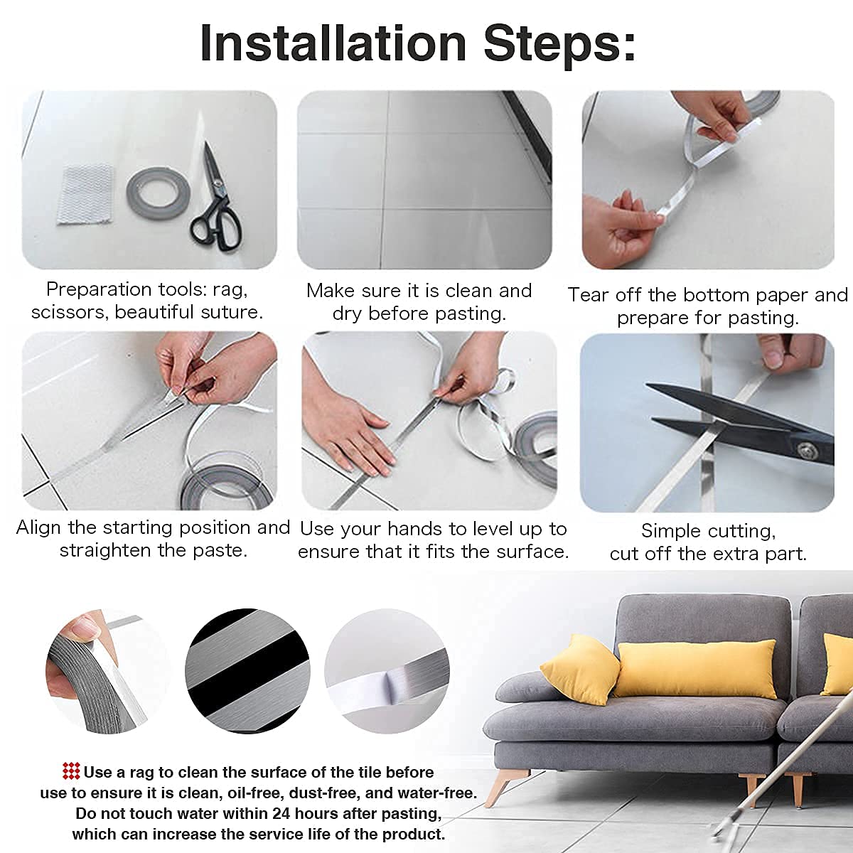 Toriox Tile Stickers for Flooring, Tiles Gap Tape Waterproof Waterproof Gap Sealing TapeFilling Sticker,Self-Adhesive Ceramic,Marble Wall & Floor Decor Tape (0.5 cm * 50 Meter) (Silver, 1) 2