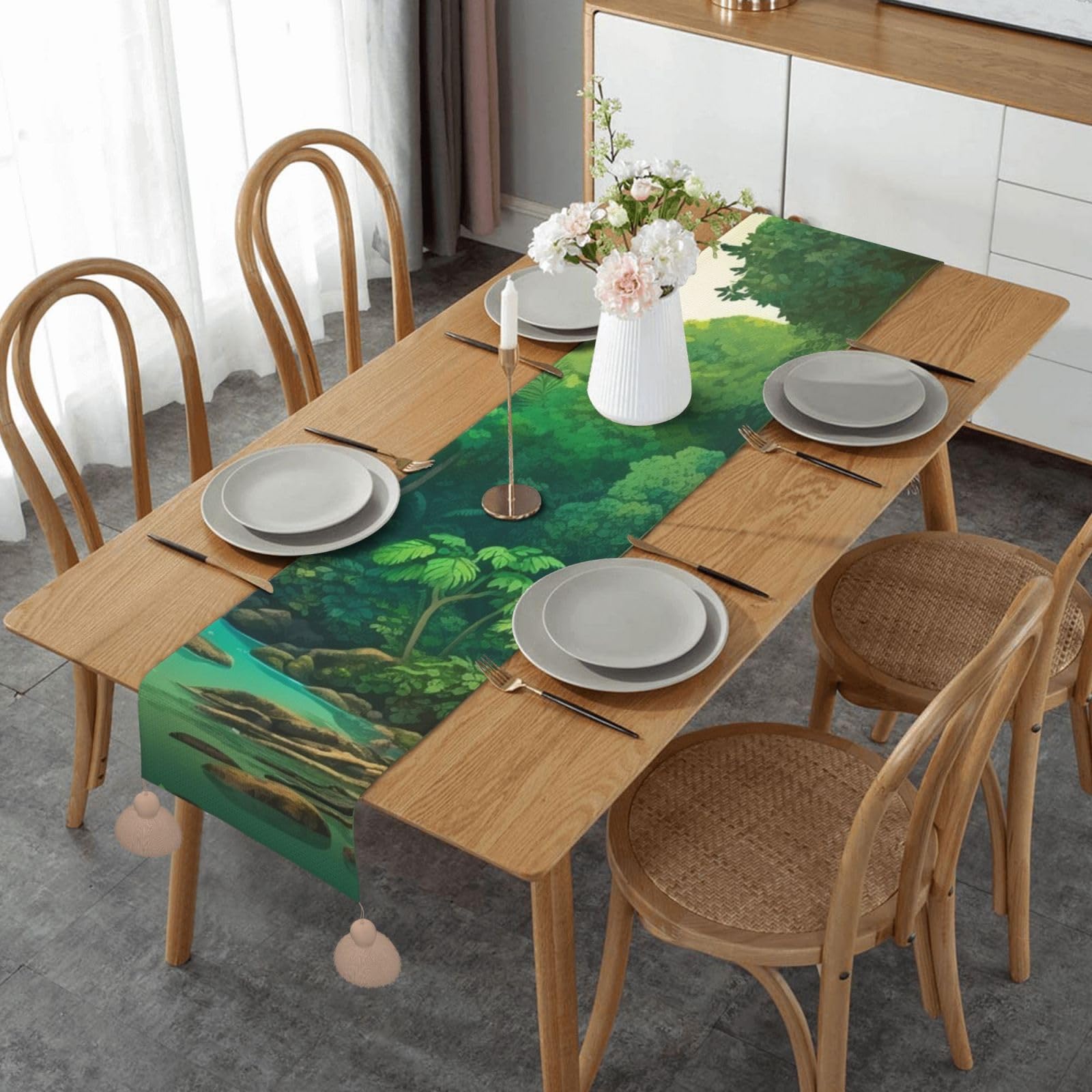 Chemin de table en lin à pampilles rustiques chic de 35x152 cm pour table