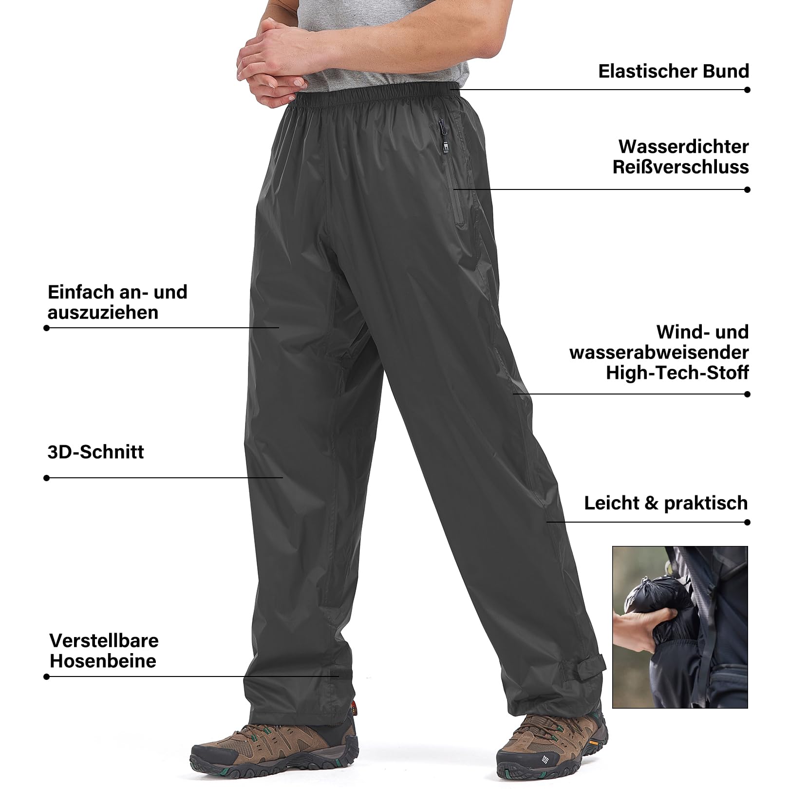 Regenhose Herren Fahrrad Leichte wasserdichte Winddichte Outdoorhose zum Wandern Camping Trekkinghose Motorrad Regenhose