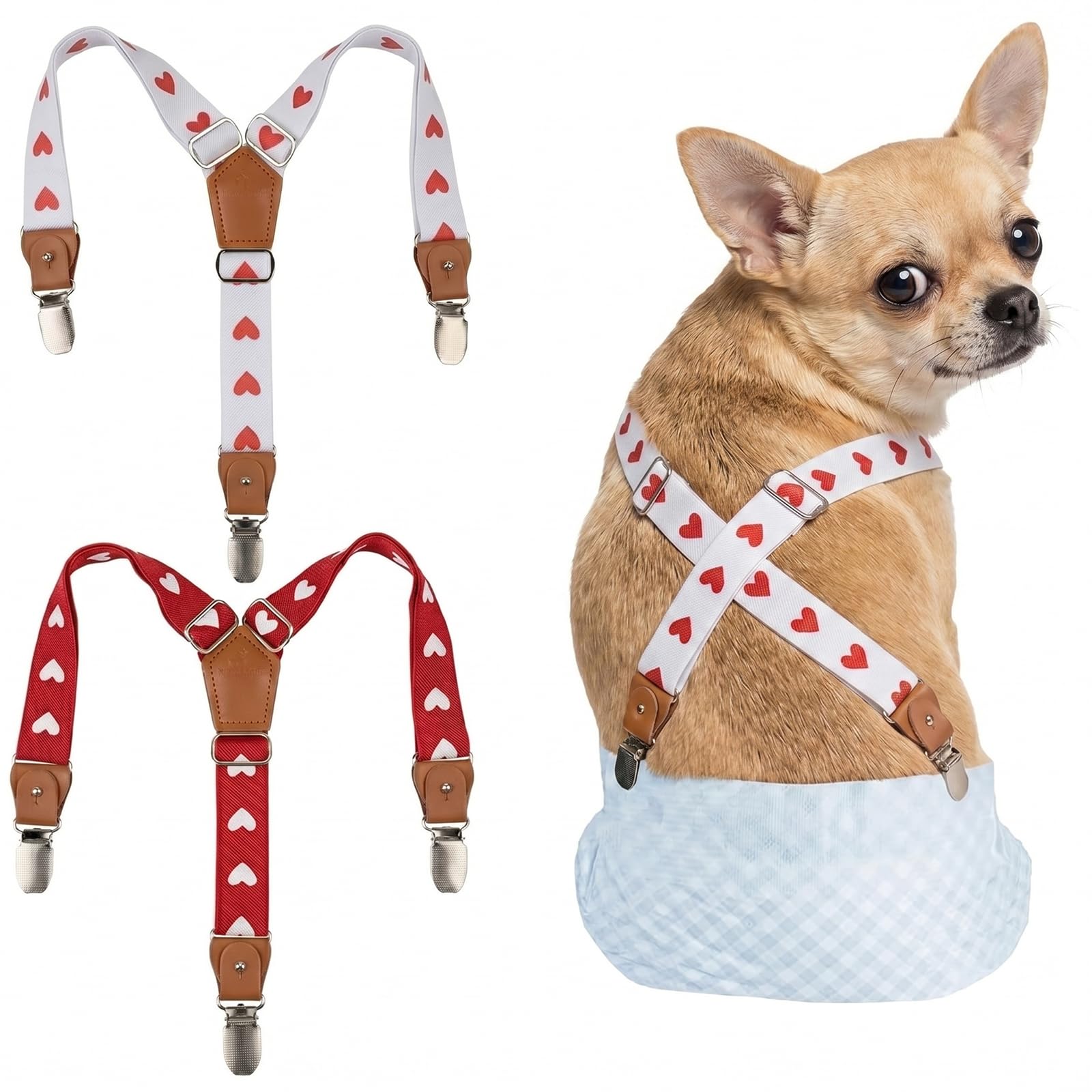 2 Pieces Dog Diaper Suspenders, for Dog Diaper Female and Belly Band for Male (Heart, Small/Medium)