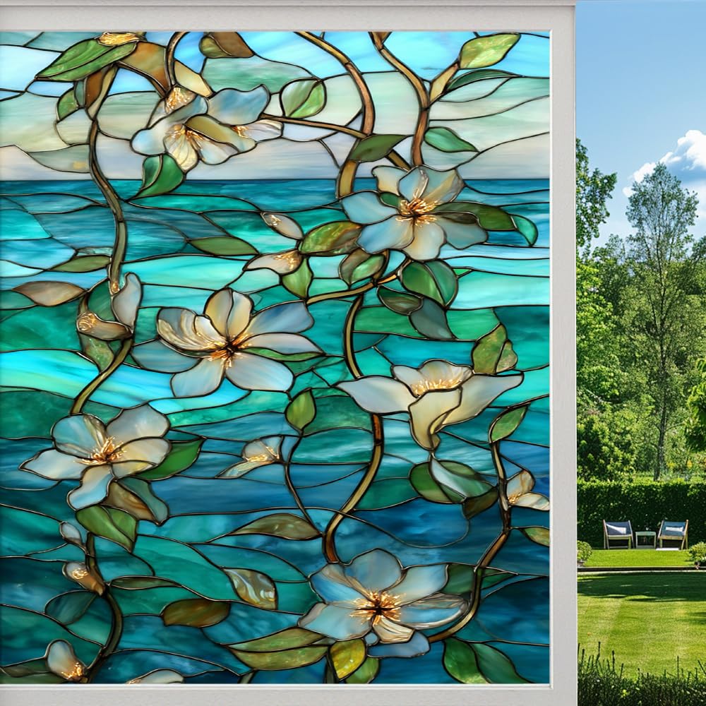 Coastal Flower Stained Glass Window Film, Abstract Seaside Botanical Floral Peel and Stick Privacy Film, Frosted Adhesive Vinyl Decorative for Bathroom Windows Glass Doors, （55x120cm）