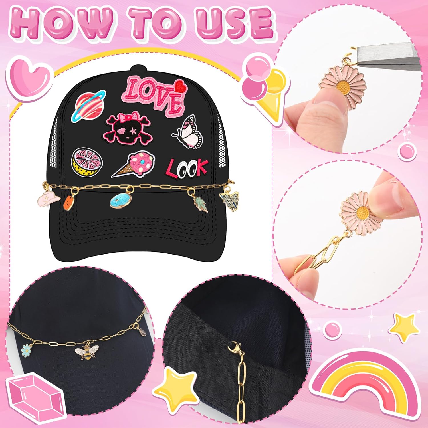 Quelay 91pcs Trucker Hat Chains Steel Detachable DIY Chains with Trucker Hat Charms Pink Embroidered Patches Enamel Pendant for Women Embellishments for Mesh Baseball Cap Accessories Bulk - Image 4