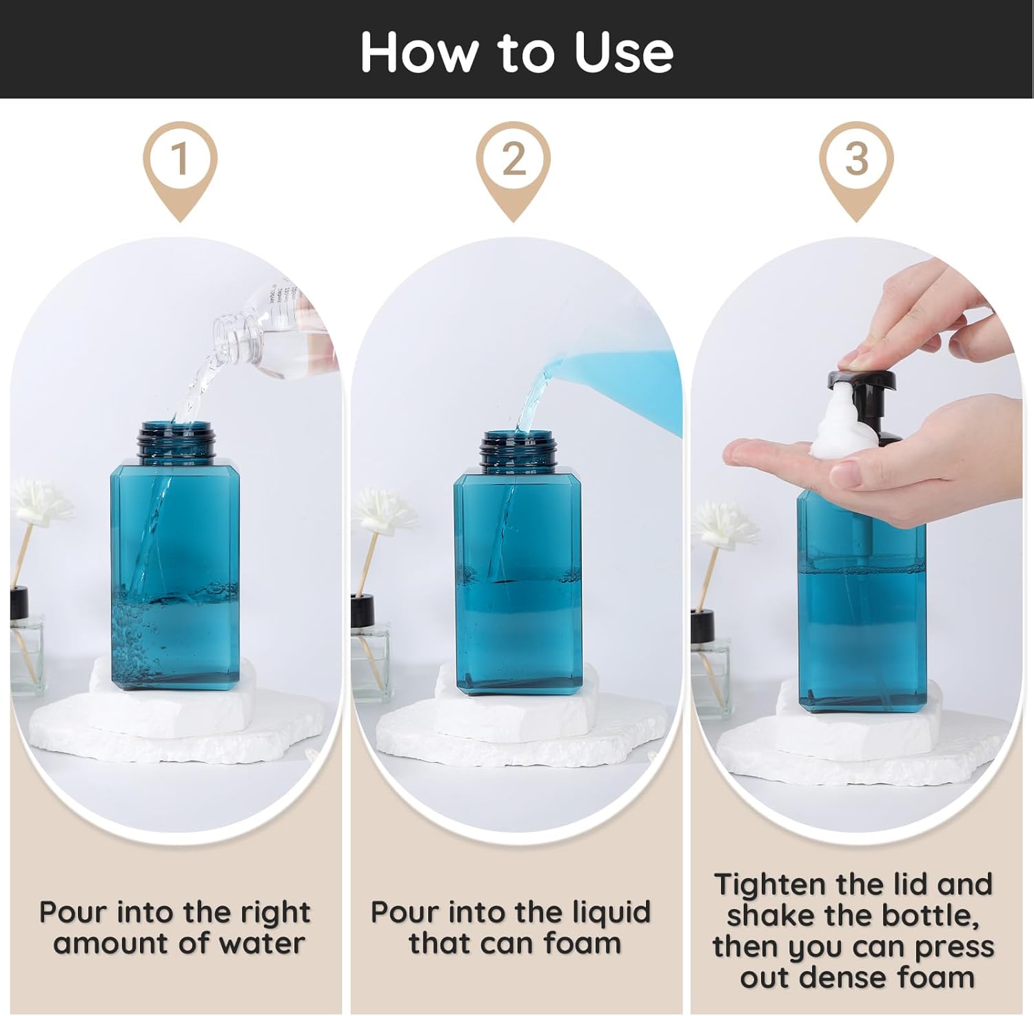 Segbeauty Plastic Square Foam Pump Bottle Refillable 15.2oz, 2pcs Empty Foaming Soap Dispenser Bathroom, Blue Foaming Pump Bottles with Label Stickers, Refillable Foam Soap Dispenser for Kitchen 450ml - Image 6