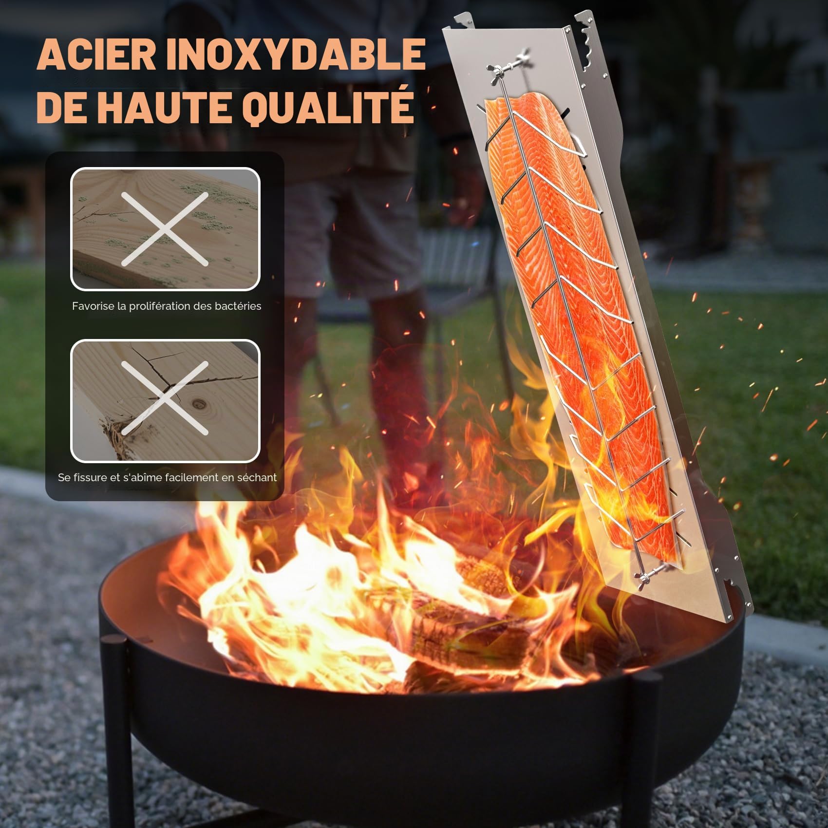 onlyfire Grande Planche à Saumon INOX pour Brasero et Barbecue | 4 positions réglables, cuisson verticale au feu de bois, inox lavable au lave-vaisselle, idéale pour saumon entier