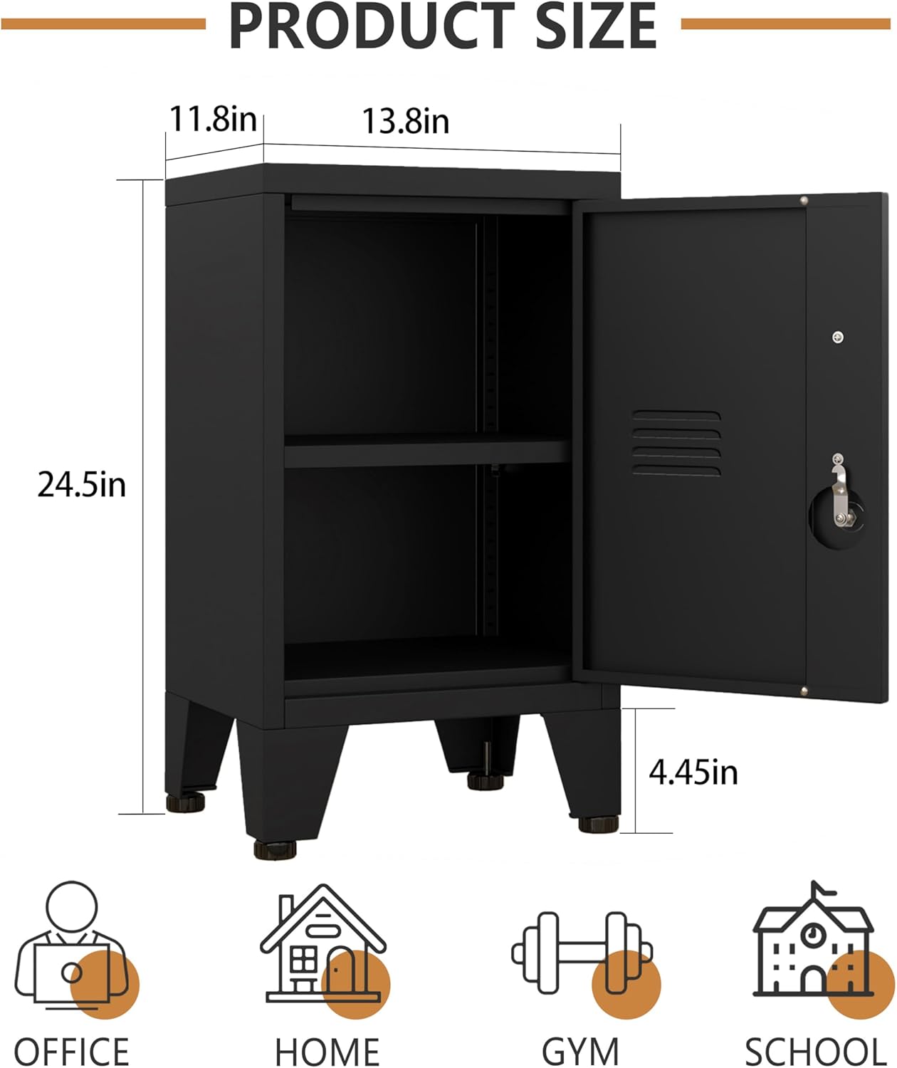 Black metal locker cabinet with door open, showing an adjustable shelf with books and a basket inside, placed next to a bed.
