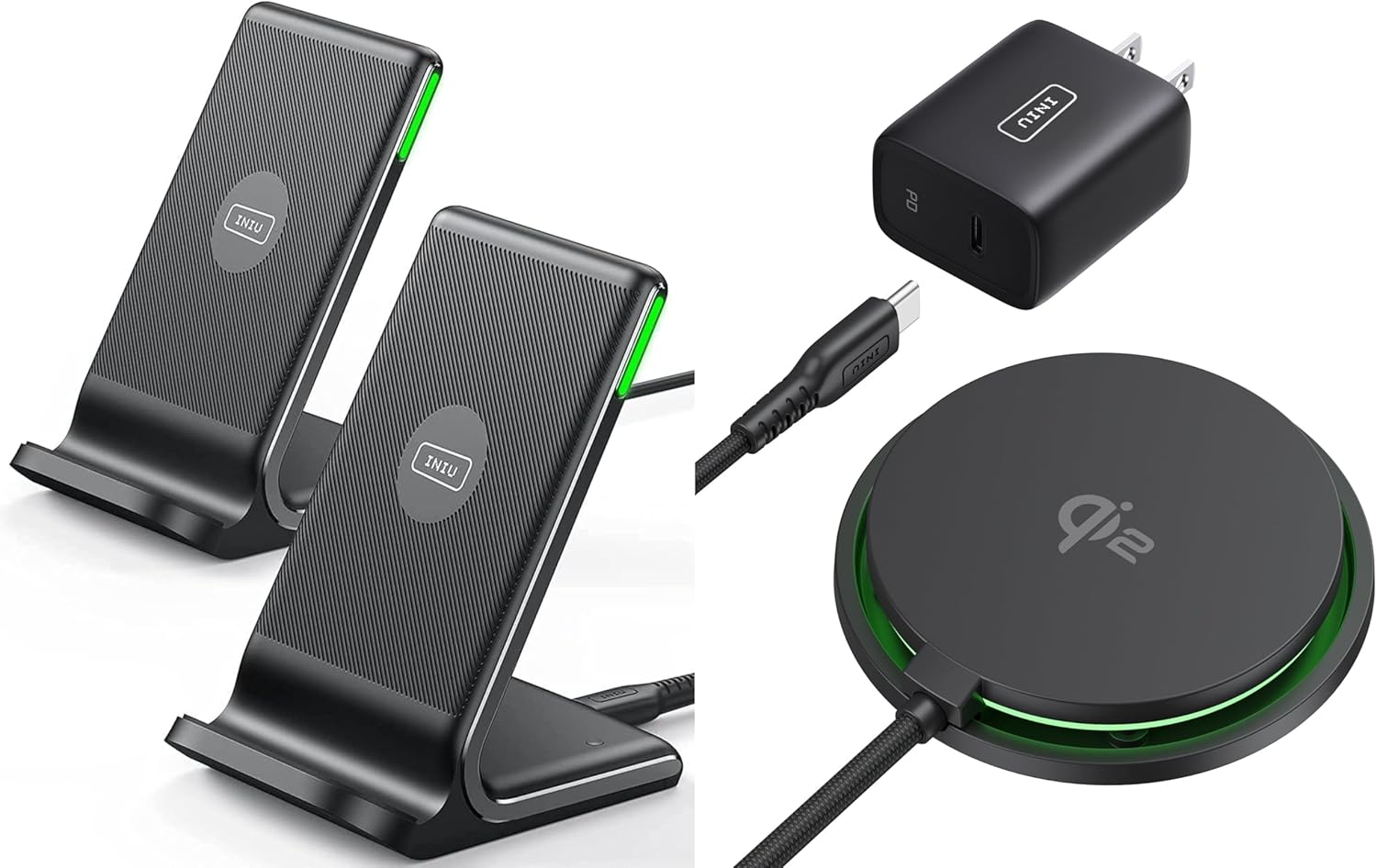 INIU 15W Qi-Certified Fast Wireless Charging Stand and 15W Qi2 Certified MagSafe Compatible Charger Pad