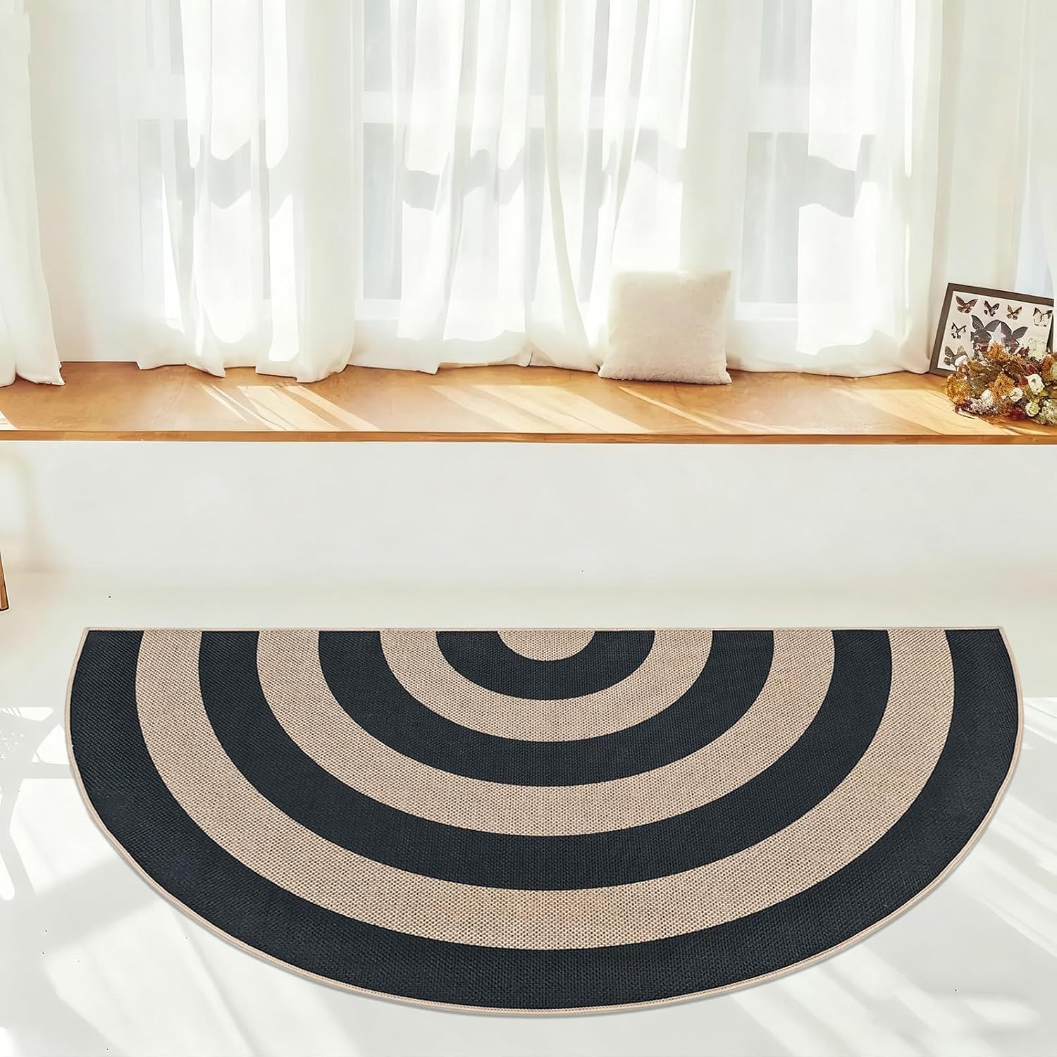 Faux Jute Rug 2.6x5Ft Half Circle Rainbow Doormat Easy Jute Carpet for Farmhouse Bedroom Kitchen, Non-Slip Half Round Neutral Floor Mat for Living Room Kids Room Indoor Outdoor Decor, Black 2