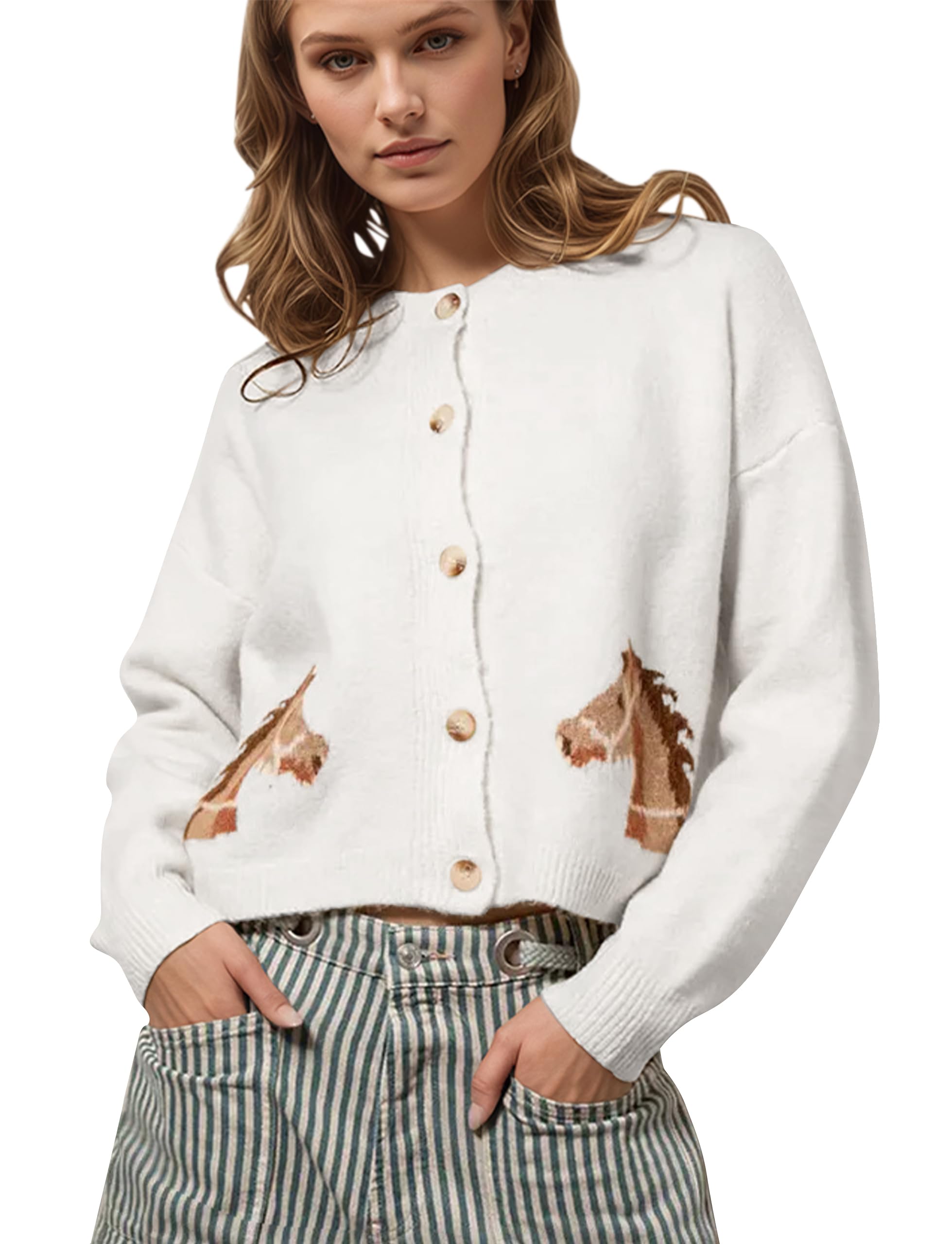OLAPTA Women Horse Print Graphic Crop Cardigans Sweaters Button Down Long Sleeve Knit Lightweight Tops Fall Casual Sweaters