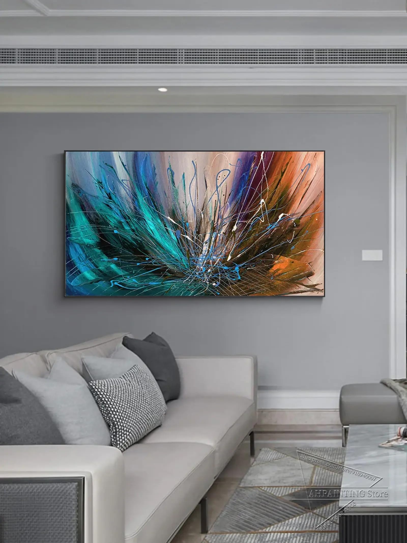 Tableau abstrait fleur rouge bleu pour décorer un grand mur - 8