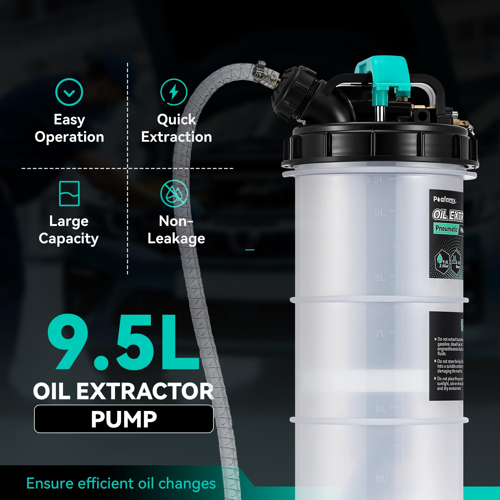 Poafamx Bomba extractora de Aceite de 9.5 L neumática/Manual, Bomba extractora de líquido de 2.5 galones, Bomba de Cambio de vacío de Aceite con 5 Tubos y Unidades de Almacenamiento extendidas para