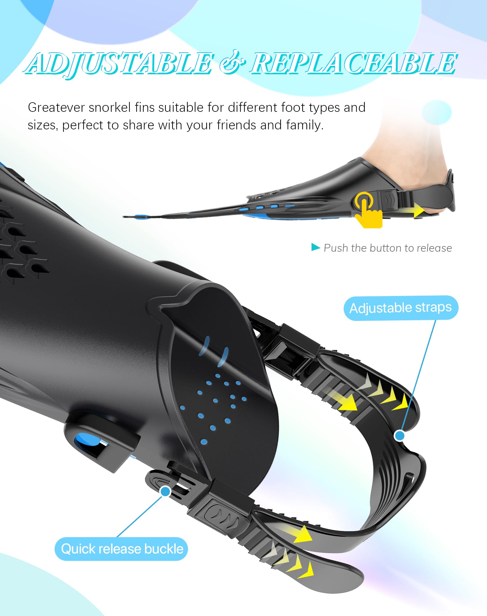 Greatever Snorkel Fins Adjustable Buckles Open Heel Swim Flippers Travel Size Short Swim Fins for Snorkeling Diving Swimming Adult Men Womens