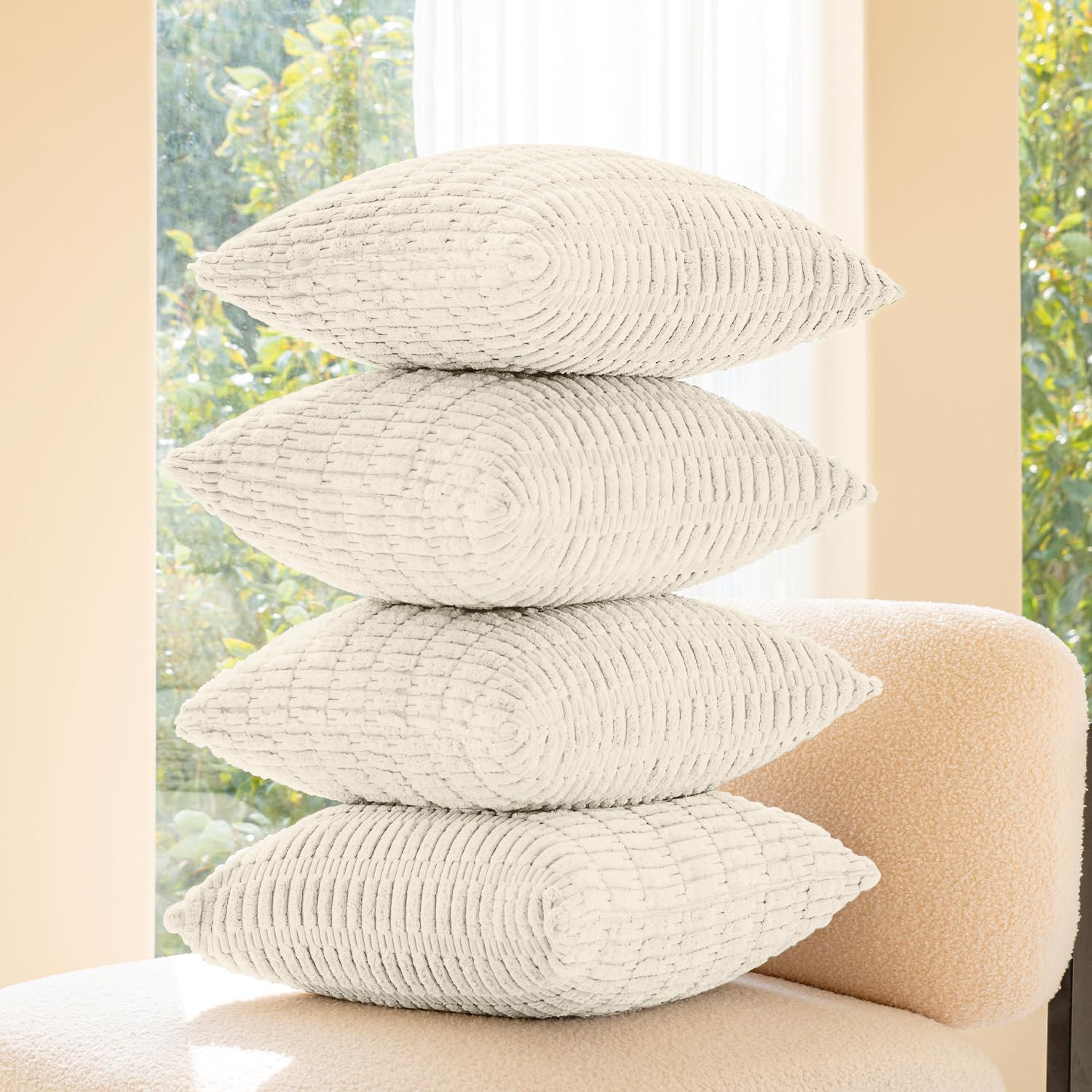 Softalker Throw Pillow Covers 18x18 Inch, Set of 4, Corduroy Soft Striped Farmhouse Boho Pillow Cover, Modern Decorative Cushion Pillow Case for Couch Sofa Bedroom Living Room, Cream