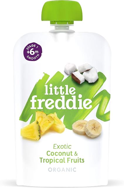 Little Freddie Stage 1 from months pouches, Little Freddie Organic Baby Food - Coconut & Tropical Fruits Pouch (Pack of 6x100g), 600 gram