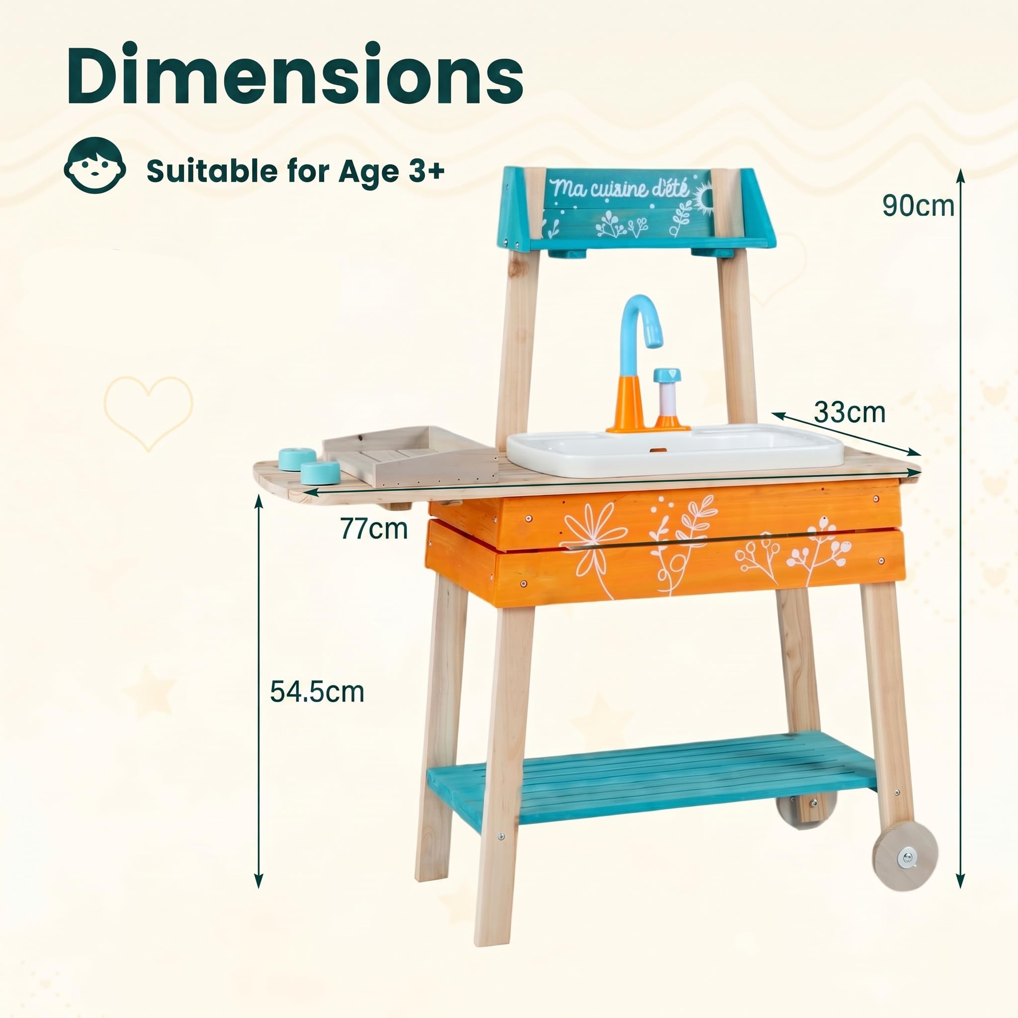 HOMASIS Cucina da Esterno Barbecue per Bambini, Cucina Giocattolo Realistica in Legno con Lavandino, Griglia, Manopole Rotanti, Scaffale Inferiore e 2 Ruote per Bambini 3+ Anni, 77 x 33 x 90 cm