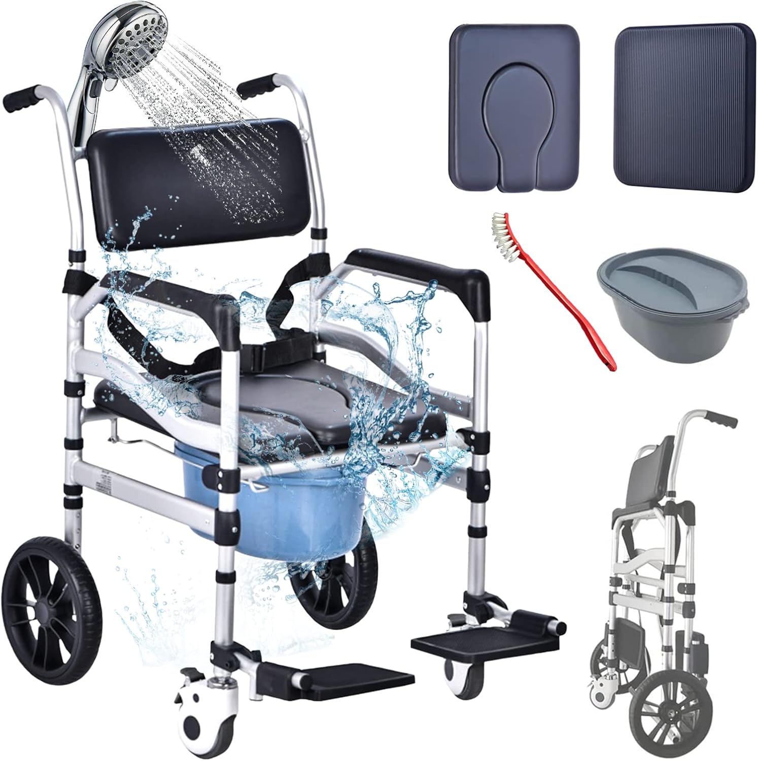 CHAVELLY Shower Chair with Wheels, 3 in 1 Commode, Handicap