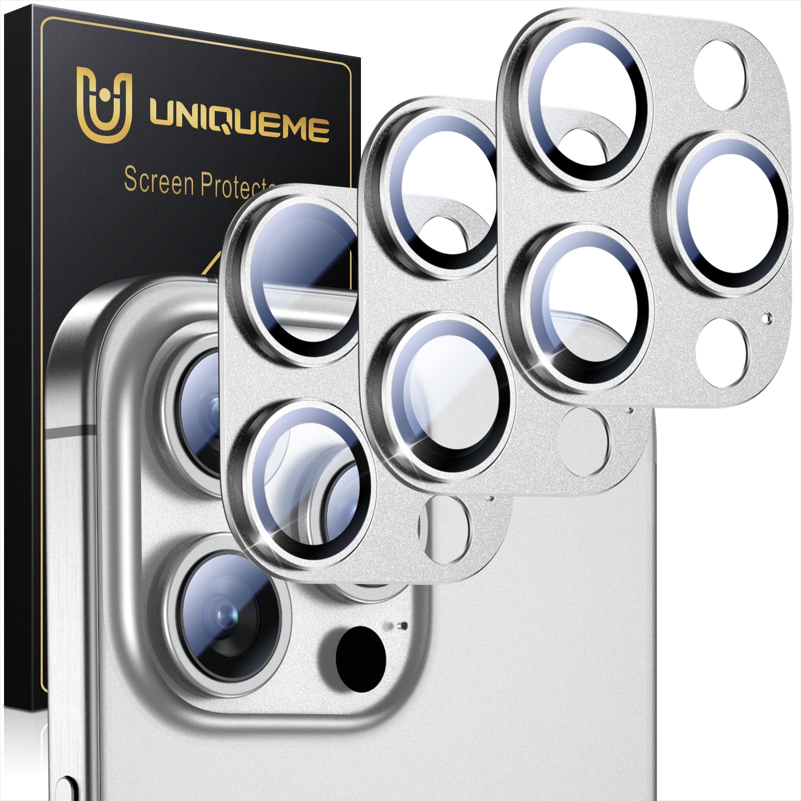 UniqueMe for 3 Pack iPhone 15 Pro/iPhone 15 Pro Max Camera Lens Protector, [Drop Protection] [Case Friendly] Camera Cover Screen [Update New Version] - All-Silver