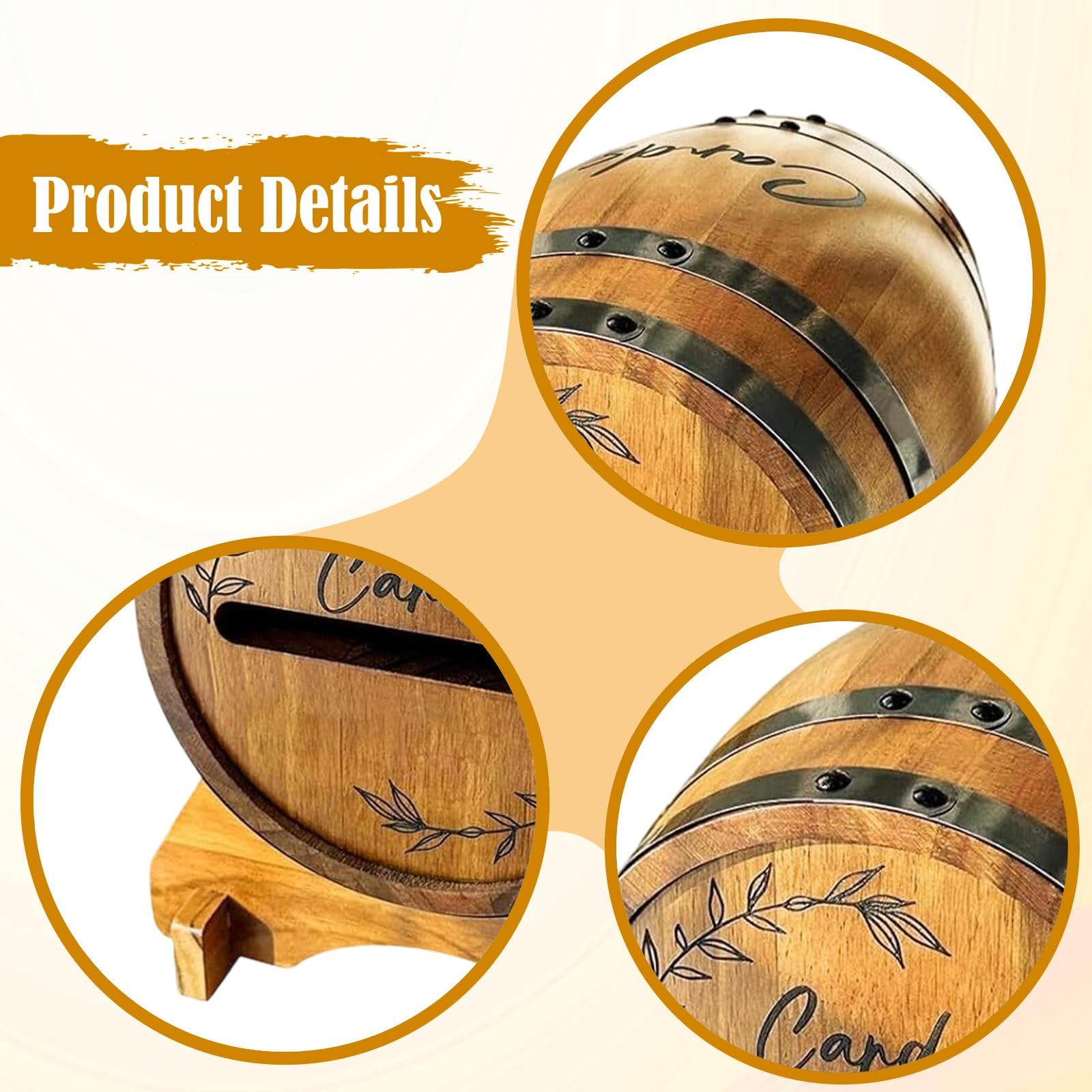 Boîte à Cartes de Mariage en Bois, Urne Mariage Boîte à Enveloppe de Cartes avec Fente et Support, Boîte de Rangement pour Cartes de Mariage en Forme de Baril de Whisky, pour Fête, Anniversair