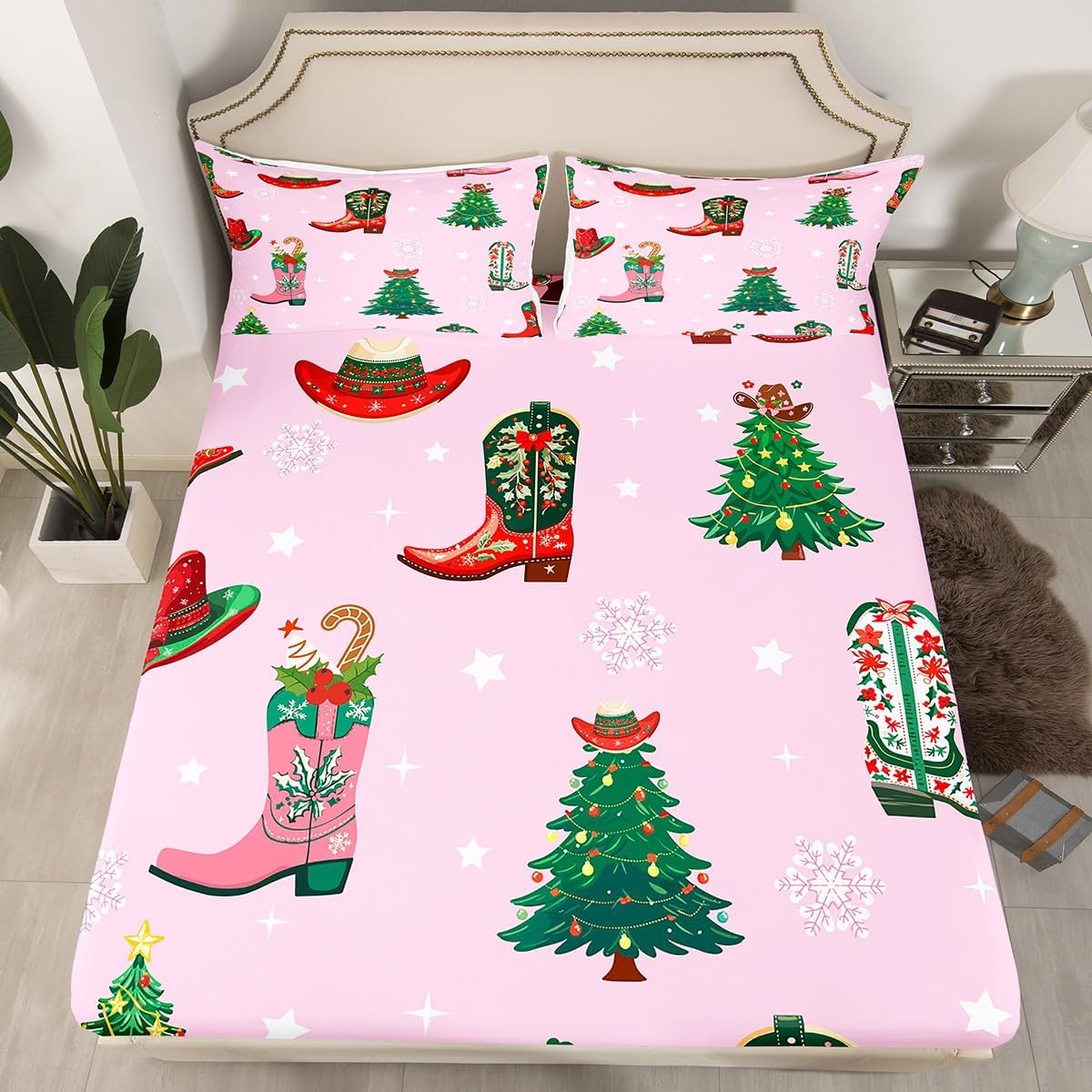 Erosebridal Xmas Tree Fitted Sheet Full, Western Pink Bed Sheets for Christmas Room Decor, Cowgirls Boots and Hats Bedding Set, Star Snowflake Sheets 3 Piece, Lightweight