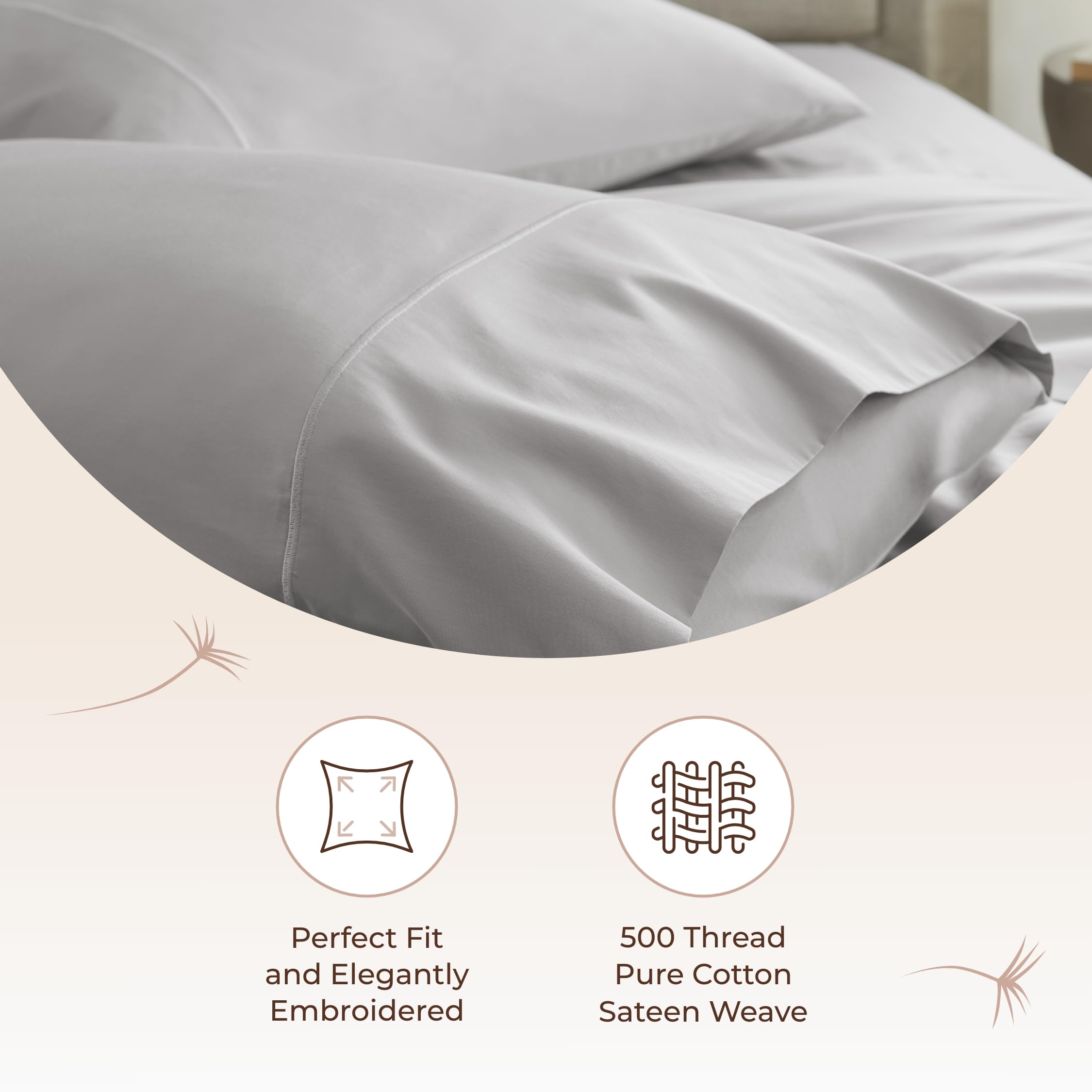 Whisper Organics Juego de fundas de almohada 100 % algodón orgánico, 500 hilos, certificado GOTS (estándar, gris)