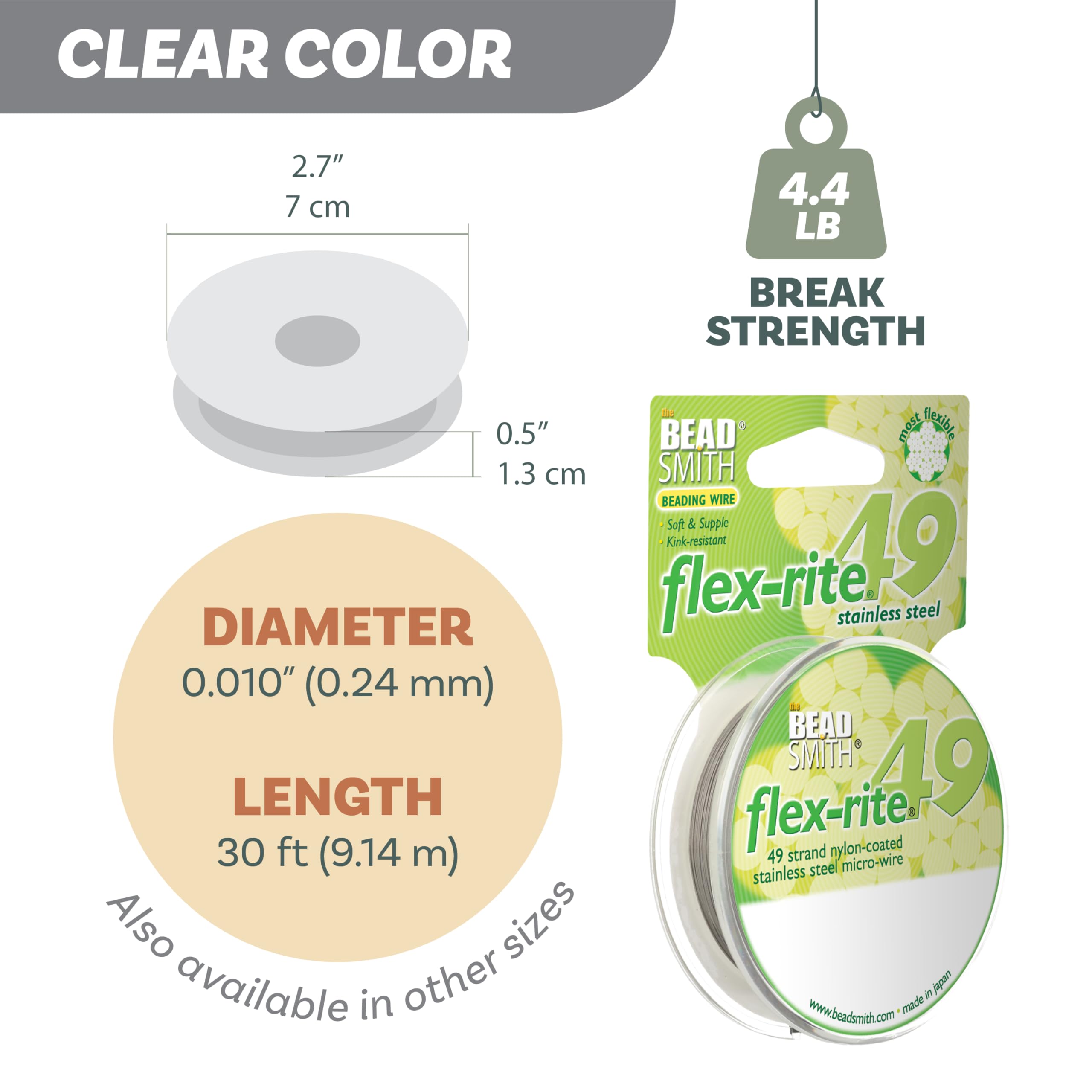 The Beadsmith Alambre para bisutería Flex-Rite - Alambre de acero inoxidable recubierto de nailon de 49 hebras, 0,010" (0,24 mm) de diámetro, transparente, carrete de 30 pies.