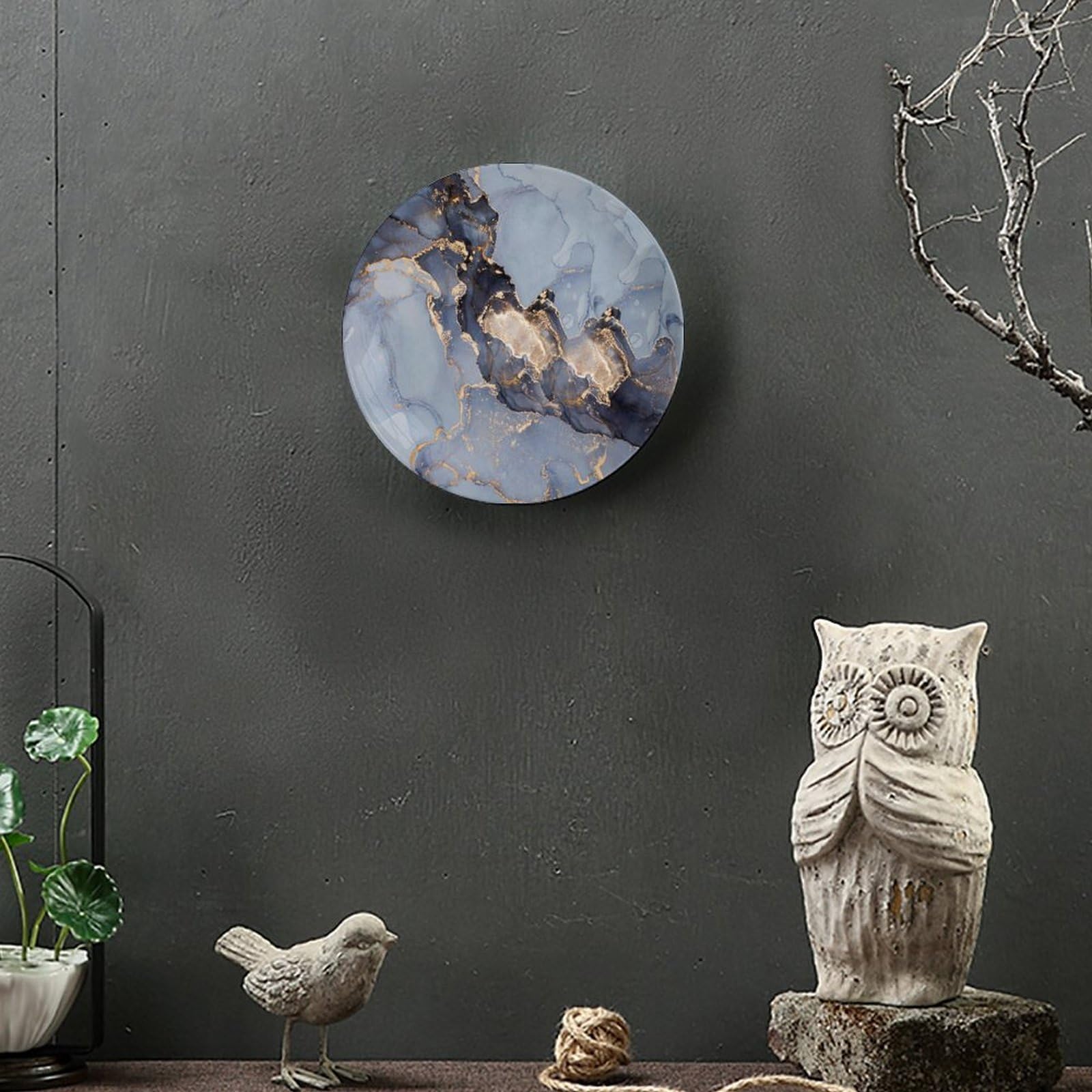 Platos decorativos de cerámica de mármol, 20,3 cm, placa redonda de mármol azul y gris, platos decorativos con soporte, para decoración de sala de estar, cocina, armario, mesa