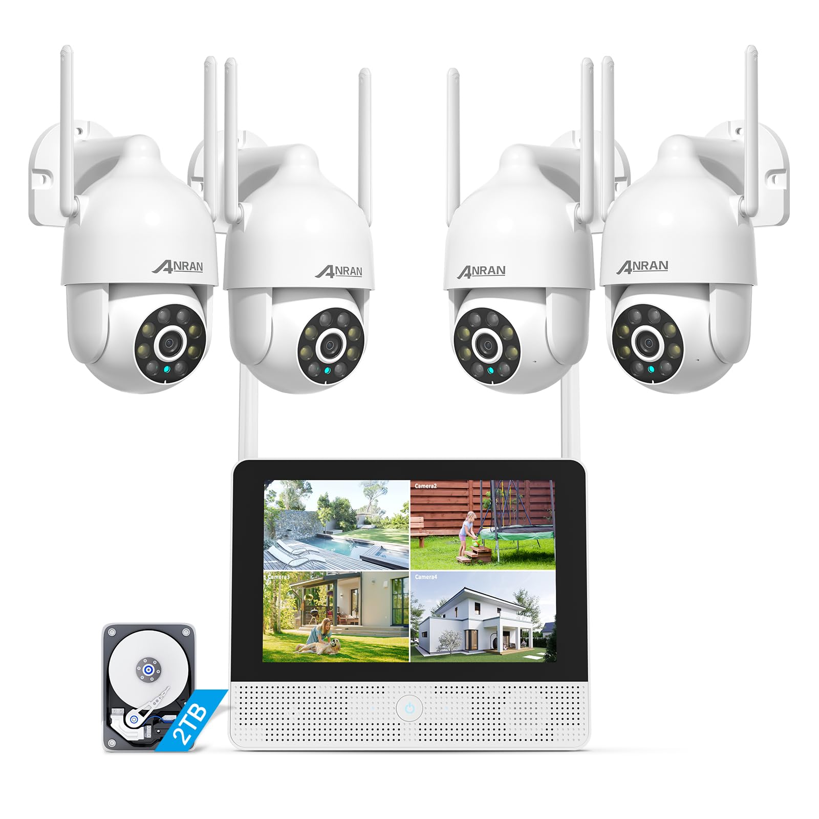 ANRAN 3K Kit Videosorveglianza Wi-Fi 6 con 10,5" Monitor, 8CH NVR + HDD 2TB, 4X5MP PTZ Telecamere WiFi Esterno, Rilevamento AI, Tracciamento Movimento, Notturna a Colori, Registrazione 24/7, IP67