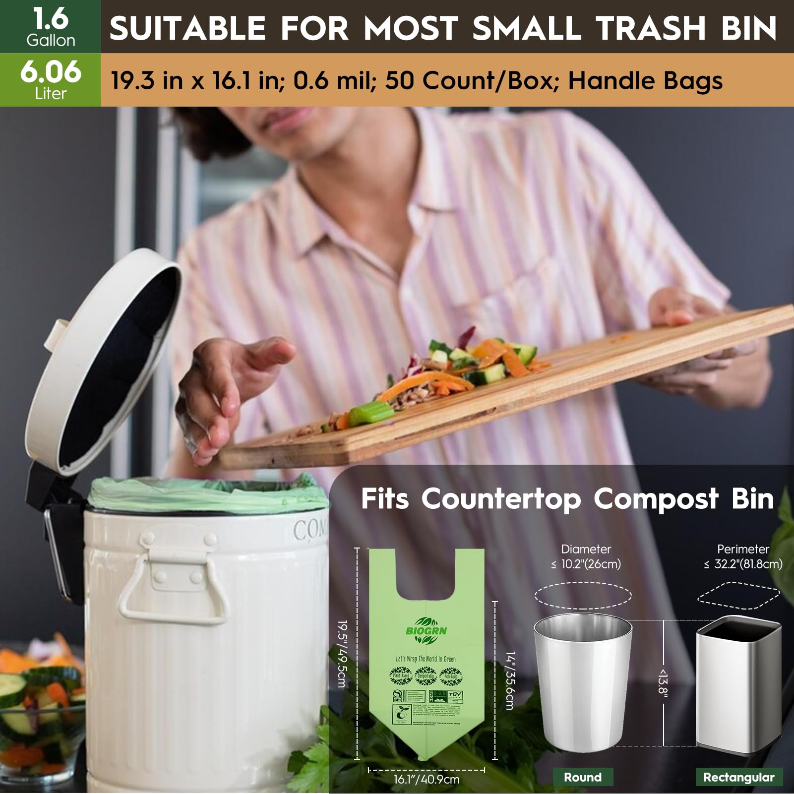 Bolsas de basura compostables de 1.6 galones con asas, 0.6 mil, 6.06 litros, 50 unidades, pequeñas bolsas de residuos de alimentos de cocina, ASTM D6400, US BPI y OK Compost Home Certified