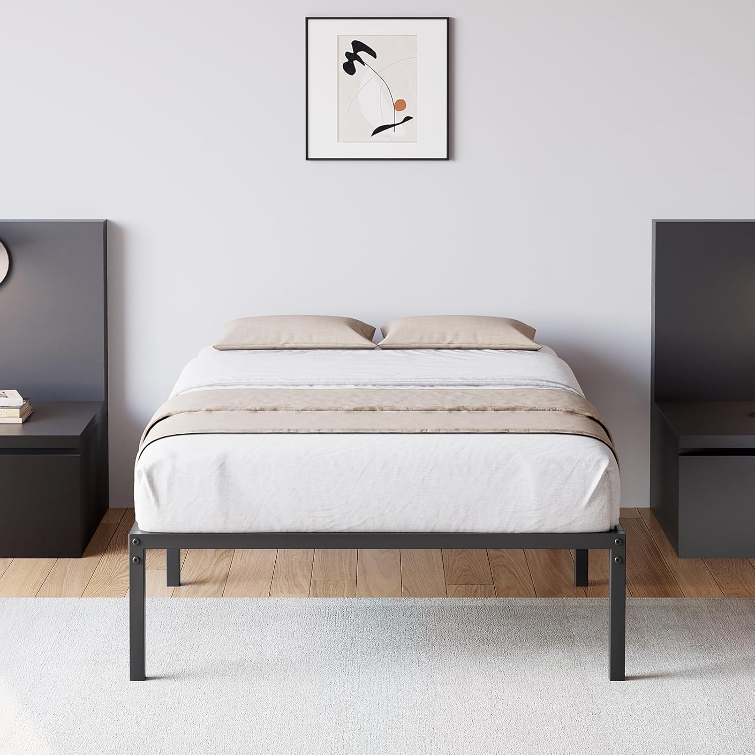 14" Queen Size Bed Frame, Metal Bed Frame with Steel Slat Support, No Box Spring Needed, Noise-Free & Anti-Slip, Under Bed Storage, Easy Assembly