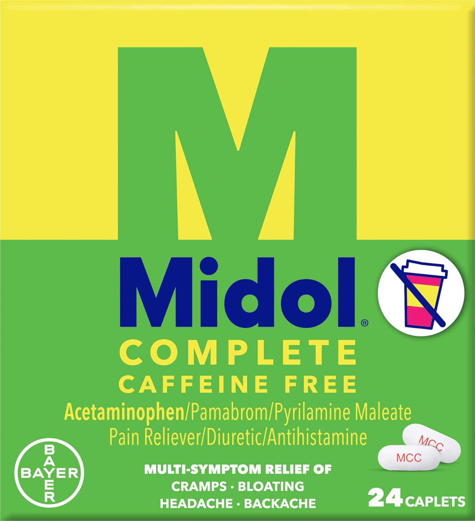 Midol Kompletné Caffeine Free Caplets 24ct: Midol Complete Caffeine Free Menstrual Pain Relief Caplets with Acetaminophen, Provides Bolesť hlavy Relief and Period Cramps Relief, 24 Gróf
