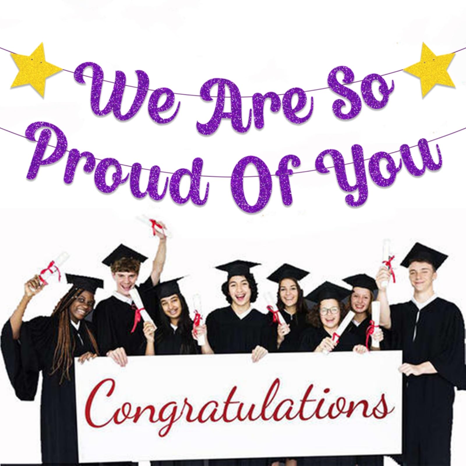 bng-bng We Are So Proud Of You Bunting Banner Glittery Graduation Congratulations Decoration Hanging Garland for Graduation Retirement Grad Party Decor Supplies Purple - Image 2