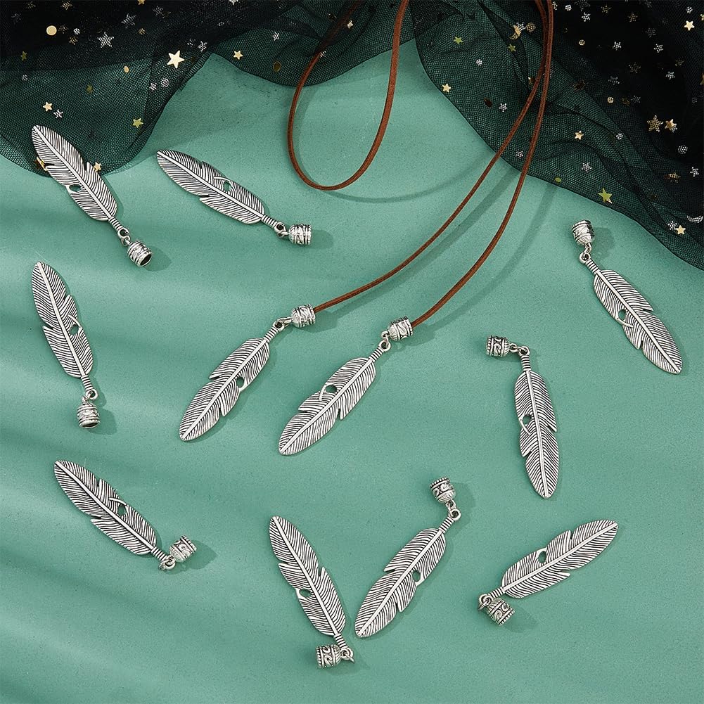 SUPERFINDINGS 10 Pairs Feather Bolo Tie Tips Alloy Bolo Tie Replacement End Caps Tibetan Silver Bolo Tie Findings Dangle Feather Pendants Bolo Tie Ends 7.5mm Inner Diameter