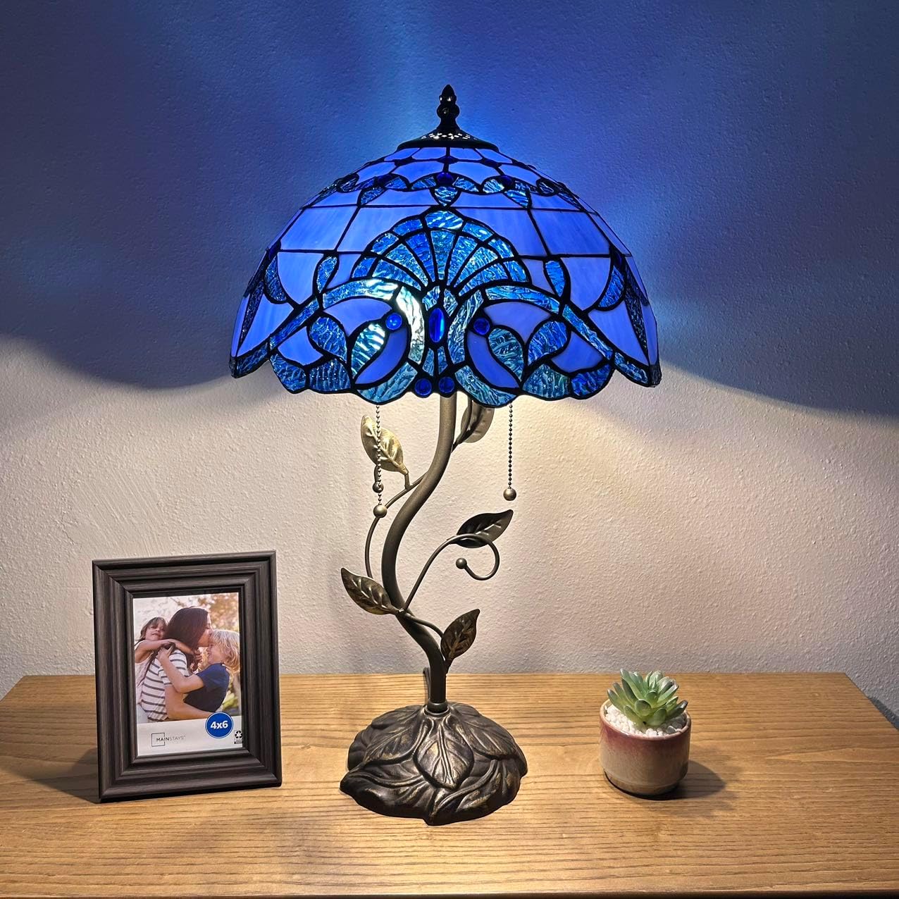 Blue Stained Glass Table Lamp Baroque Style Lavender Iron Metal Leaves Bronze Base Included LED Bulbs for Living Room Dining Room Bedroom Bedside H24*W14 in