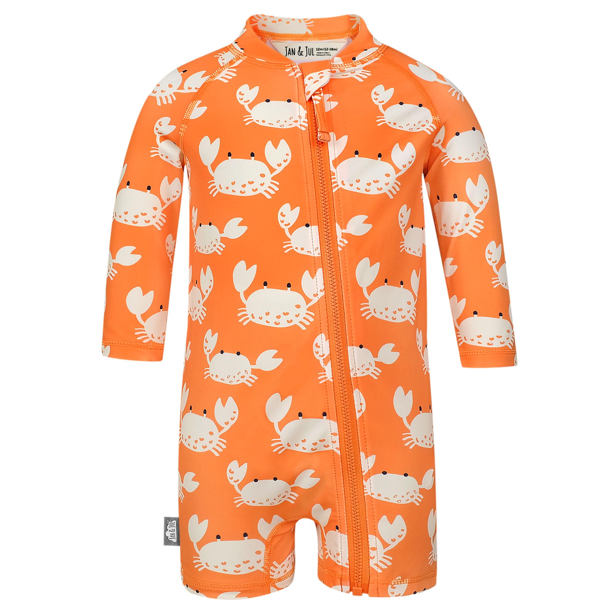 JAN & JUL One Piece Swimsuit for Babies, Zip Up Jumpsuit with 50+ UPF for Swimming (Crabby Crab, Size 18m)
