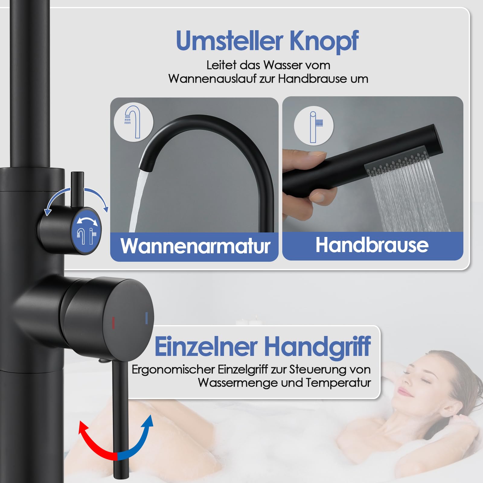 ROVOGO Ganzmetall Freistehende Badewannenarmatur Schwarz mit Handbrause, 360° Schwenkbar Messing Wannenarmatur mit Brause für Freistehende Badewanne, Bodenmontage, Einhebelmischer Armatur Badewanne