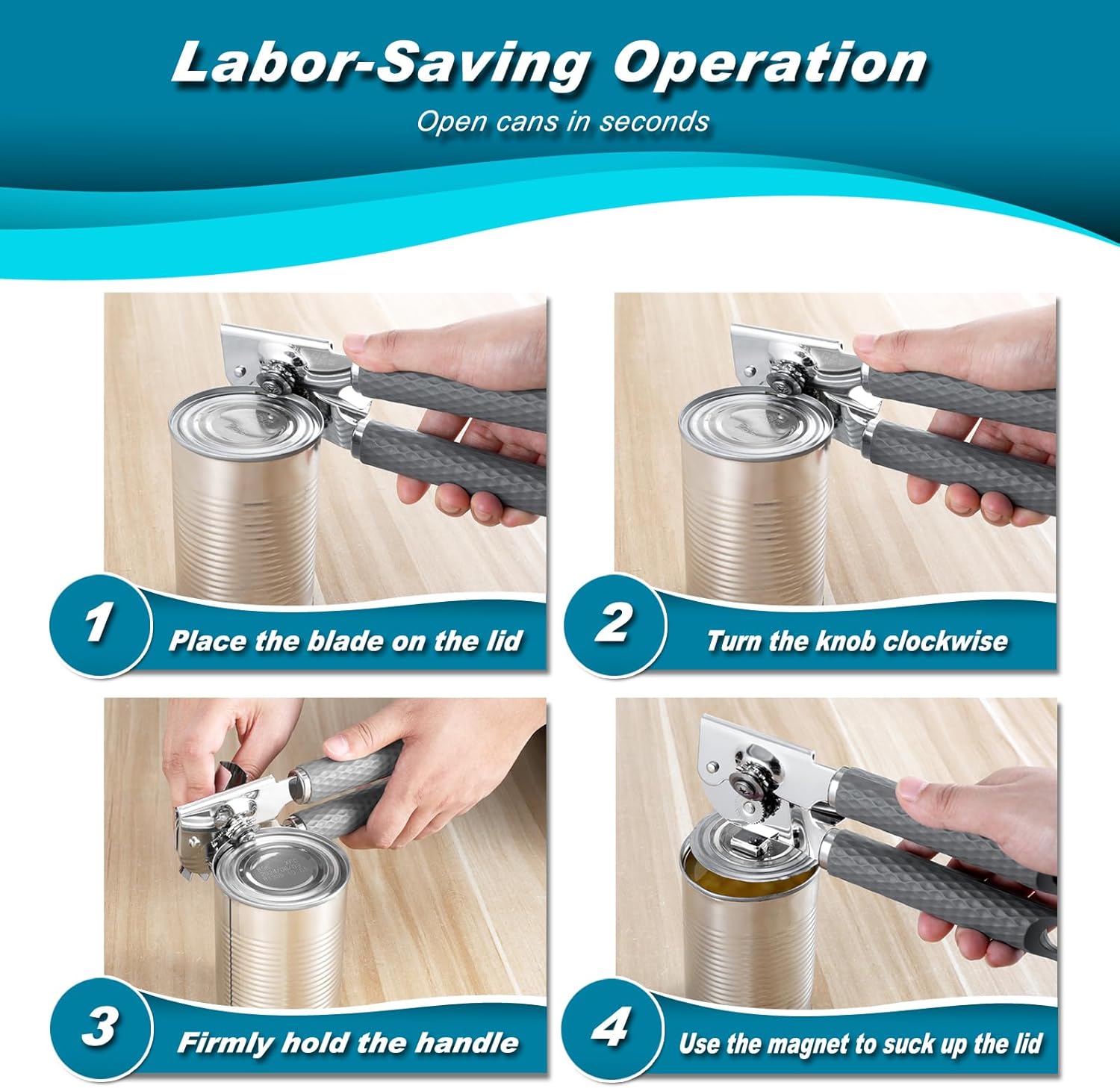 ISZW Manual Can Opener Heavy Duty - Hand Held Abrelatas with Stainless Steel Sharp Blade, Smooth Edge for Seniors, Comfort Grip Handle, Easy Turn Hand Can Opener with Magnet for Kitchen Camping, 2Pack