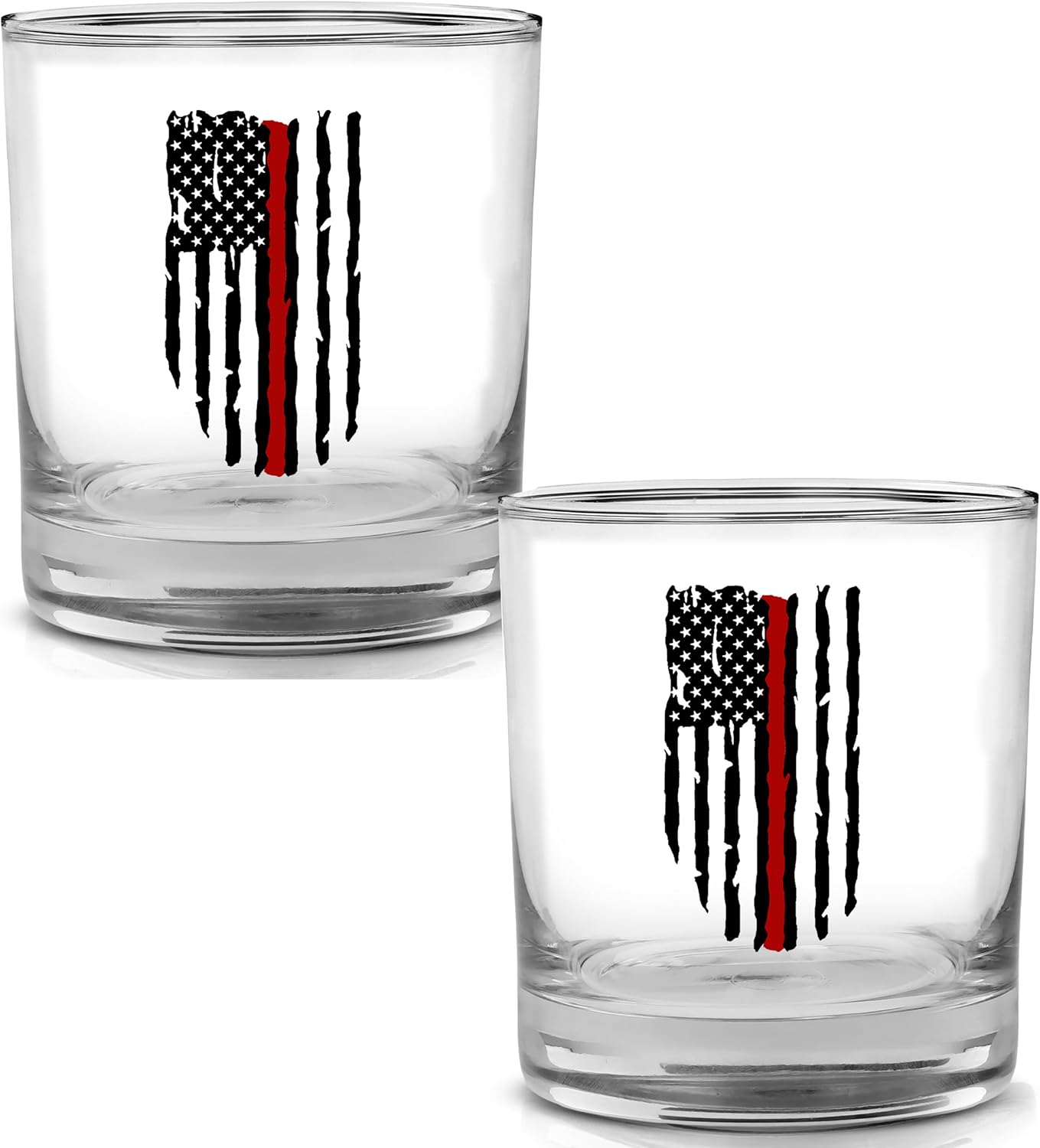 Thin Red Line Tattered American Flag USA Whiskey Decanter With Airtight Glass Stopper And Matching Two Glasses Custom Gift Set For Firefighter Fire Department FD Gift Bundle