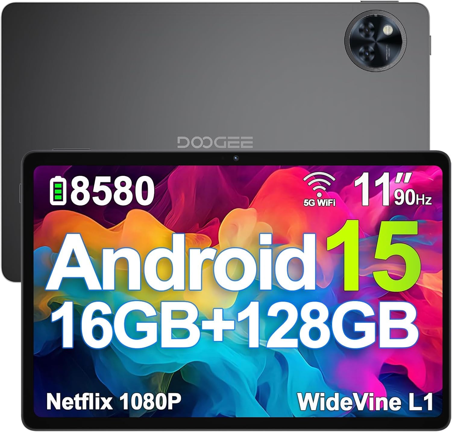 DOOGEE U11 Tablet Android 15 Ultimo, 11 Pollici IPS, 16GB+128GB/TF 2TB Octa-Core, 8580mAh Tablet PC, 13MP+5MP, Widevine L1 Tablet in Offerta, Dual Speakers, 90HZ/ OTG/WiFi 5G/ Face Unlock/ BT5.0 Nero