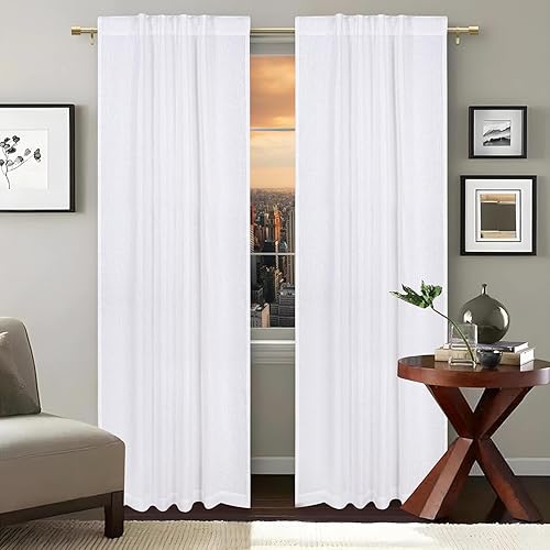 Bedding Craft White Cotton Tab Top Curtain Panels for Bathroom