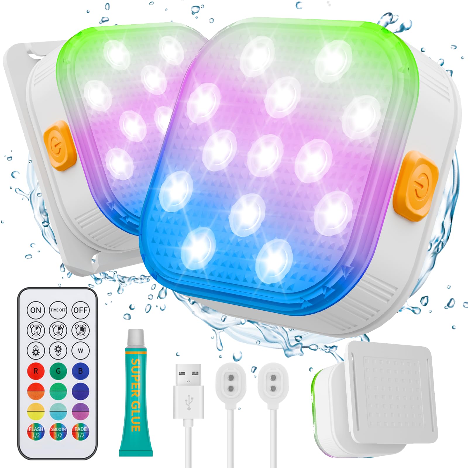 Lixada Rechargeable Submersible Pool Lights with Remote, IP68 Waterproof 16 Color Changing LED Lights with Glue, Suction Cups for Above Ground Inground Pool Bathtub Pond Party Decoration-2 Pack