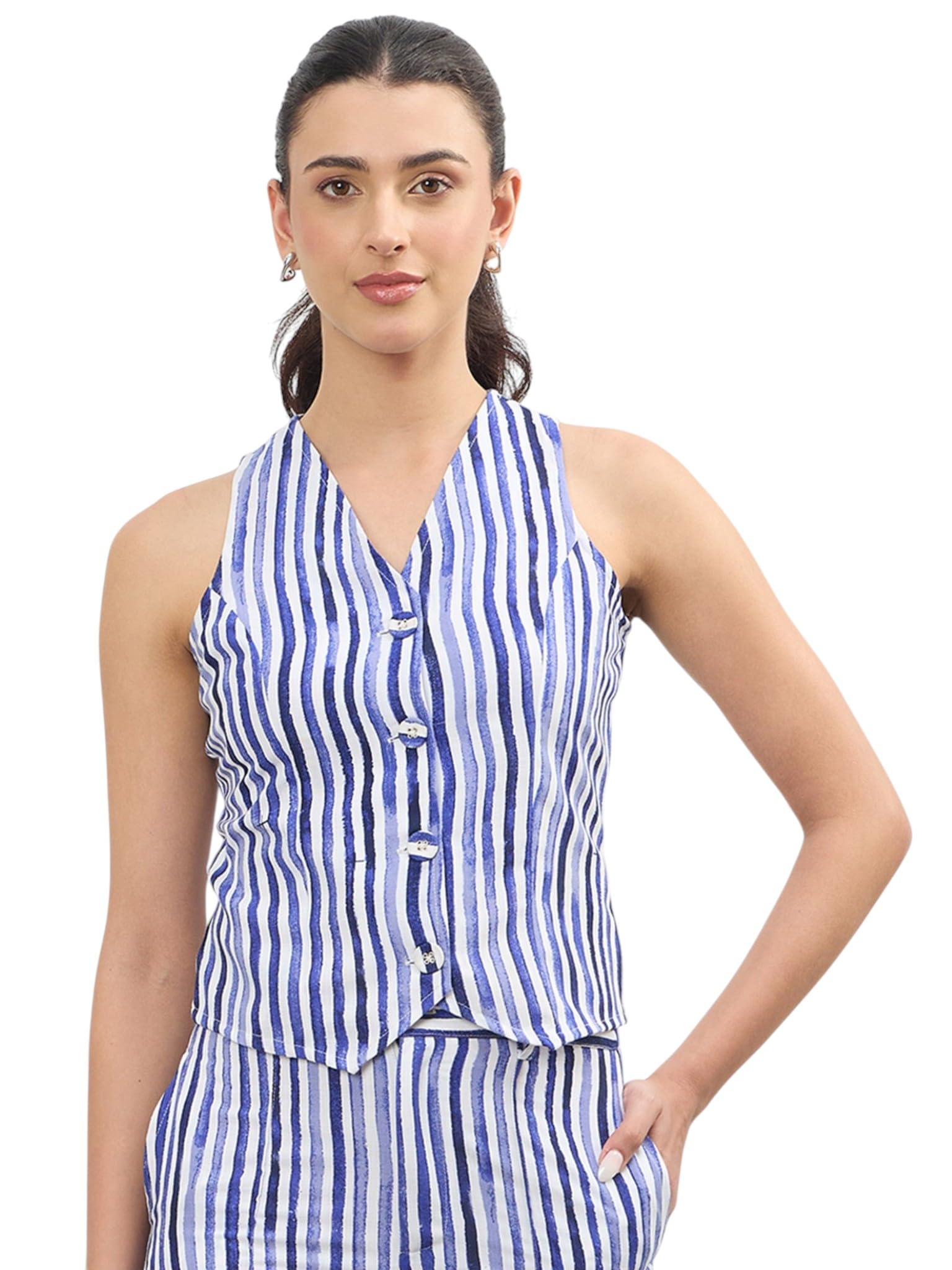 sassafras worklyf Women's Linen Striped V Neck Front Button Vest Top-picture-26