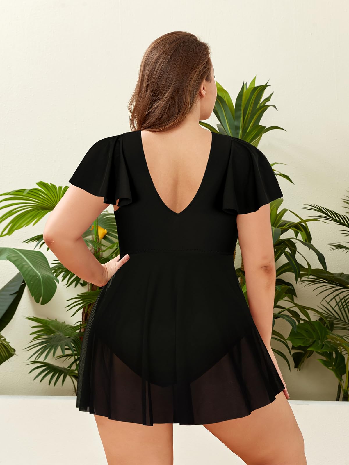 SHEKINI Maillot de Bain Une Pièce pour Femme Décolleté Plissé Croisé avec Poignets à Volants Grande Taille Maillot de Bain Jupette Femme