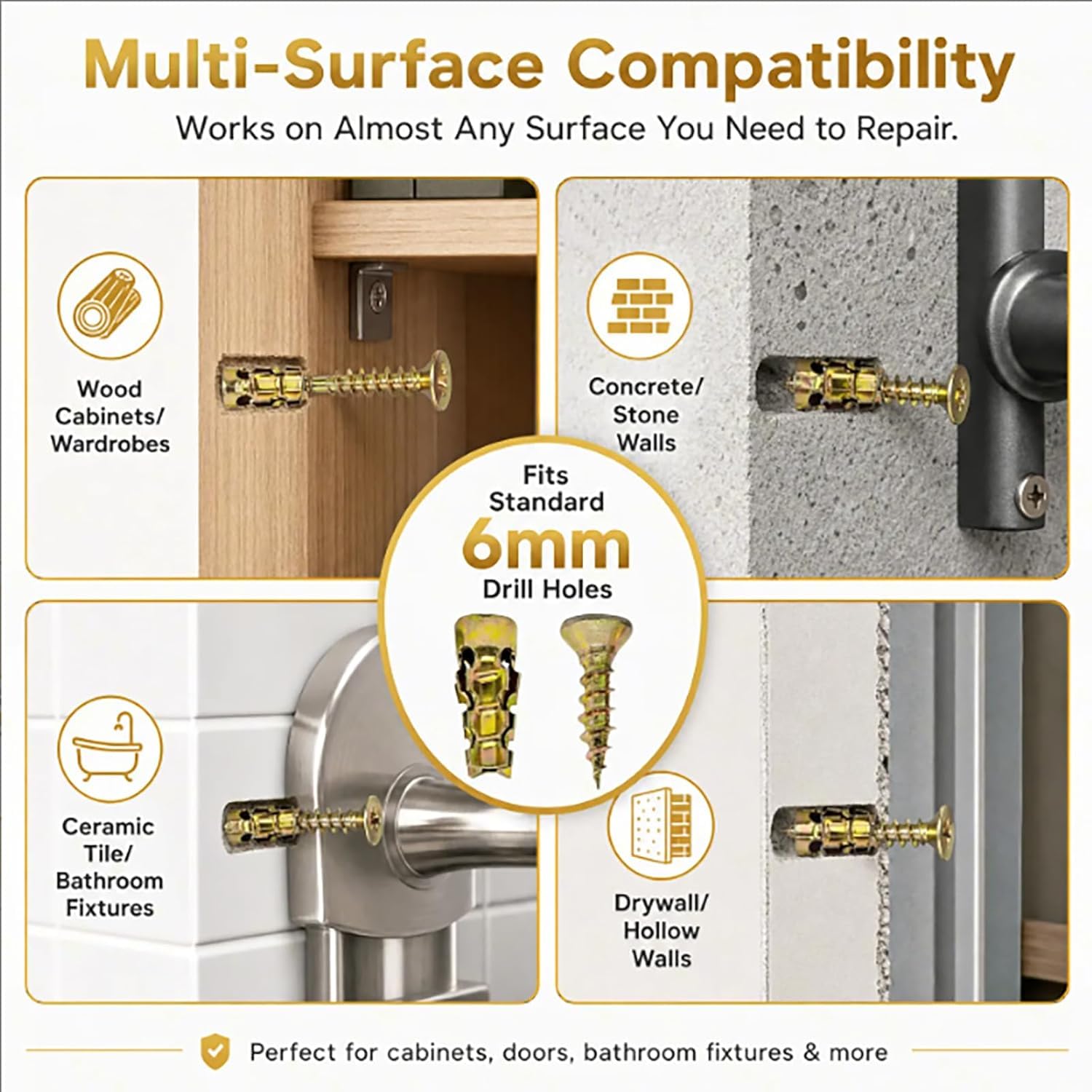 6×14mm Short Expansion Screw Set for Cabinet Hinge Repair & Stripped Thread Restoration, Hinge Repair Screw & Expansion Anchor for Wood, Tile, Stone (50sets)