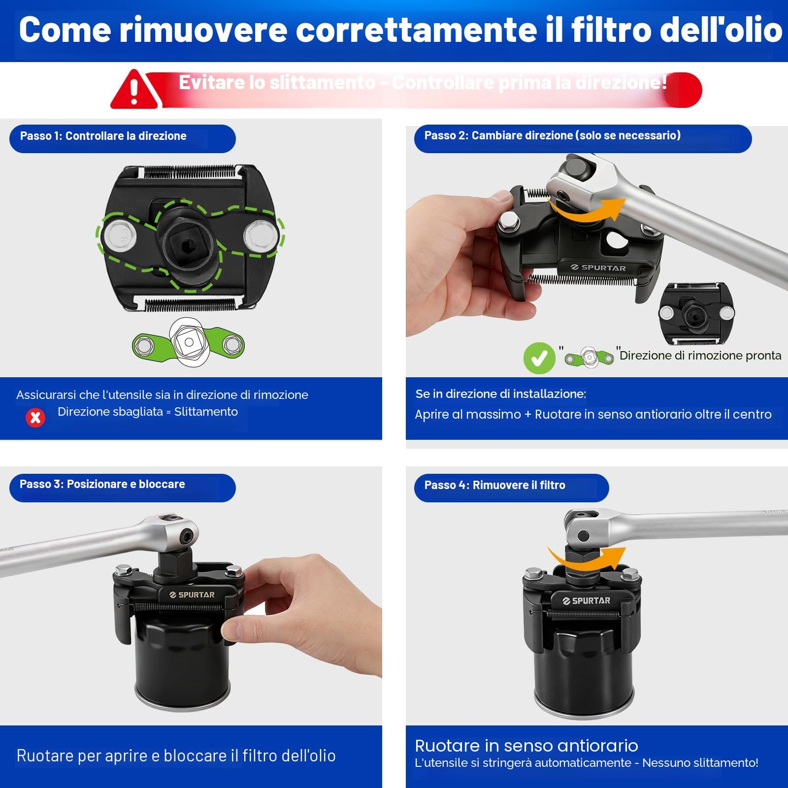 Spurtar Chiave Filtro Olio 60-80 mm, Strumento Rimozione Universale per Filtri Olio
